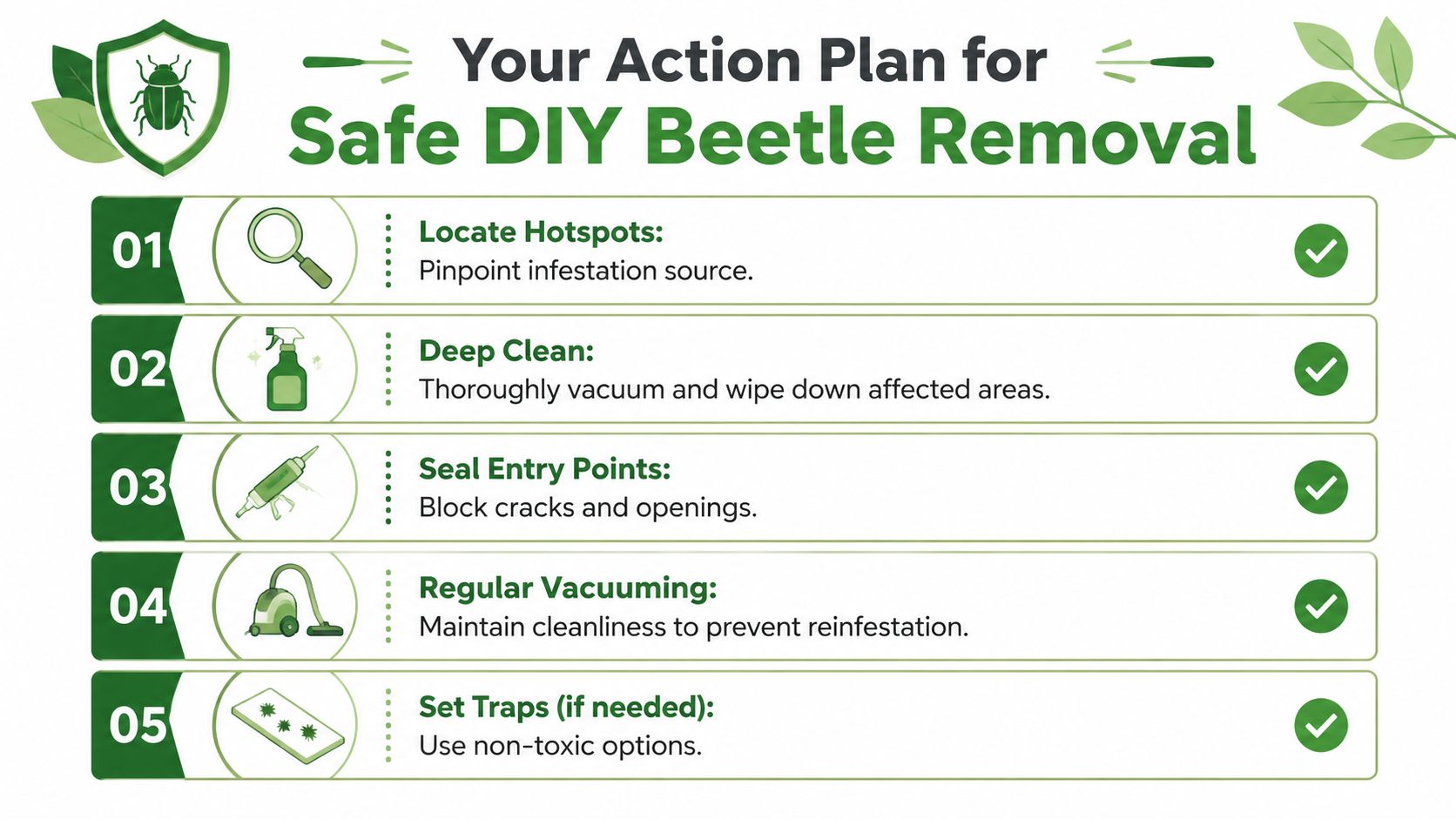 Beetles Inside House: ID & Removal Guide 2026 3 A five-step guide for safe DIY beetle removal showing instructions for cleaning and sealing beetle infestations.