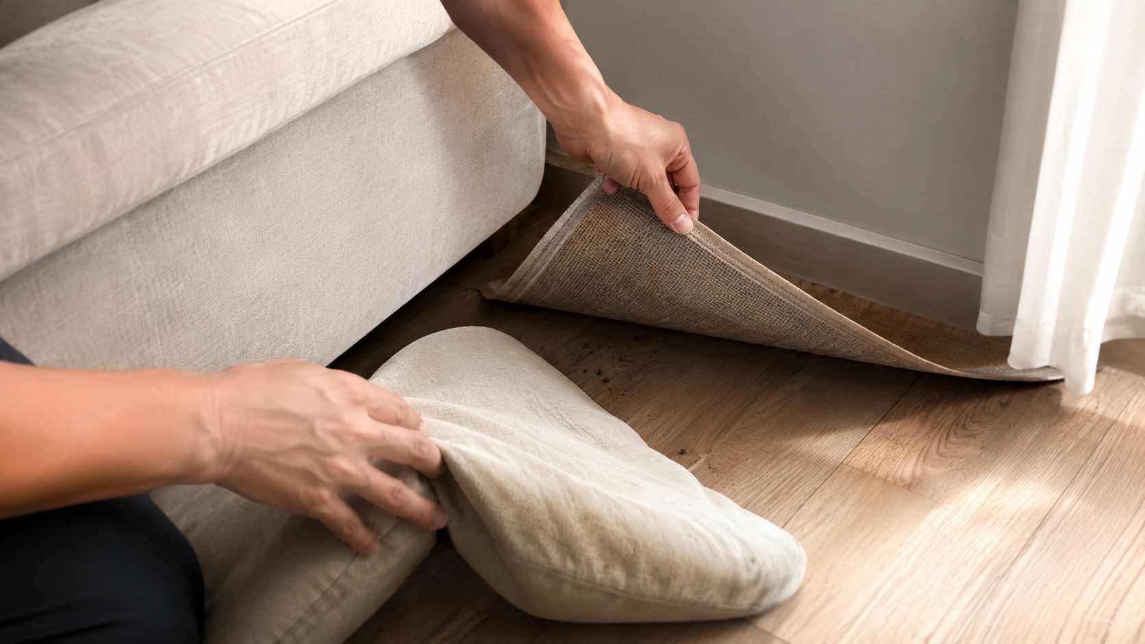 Beetles Inside House: ID & Removal Guide 2026 2 A person checking underneath a living room carpet and sofa cushion for signs of household pests.