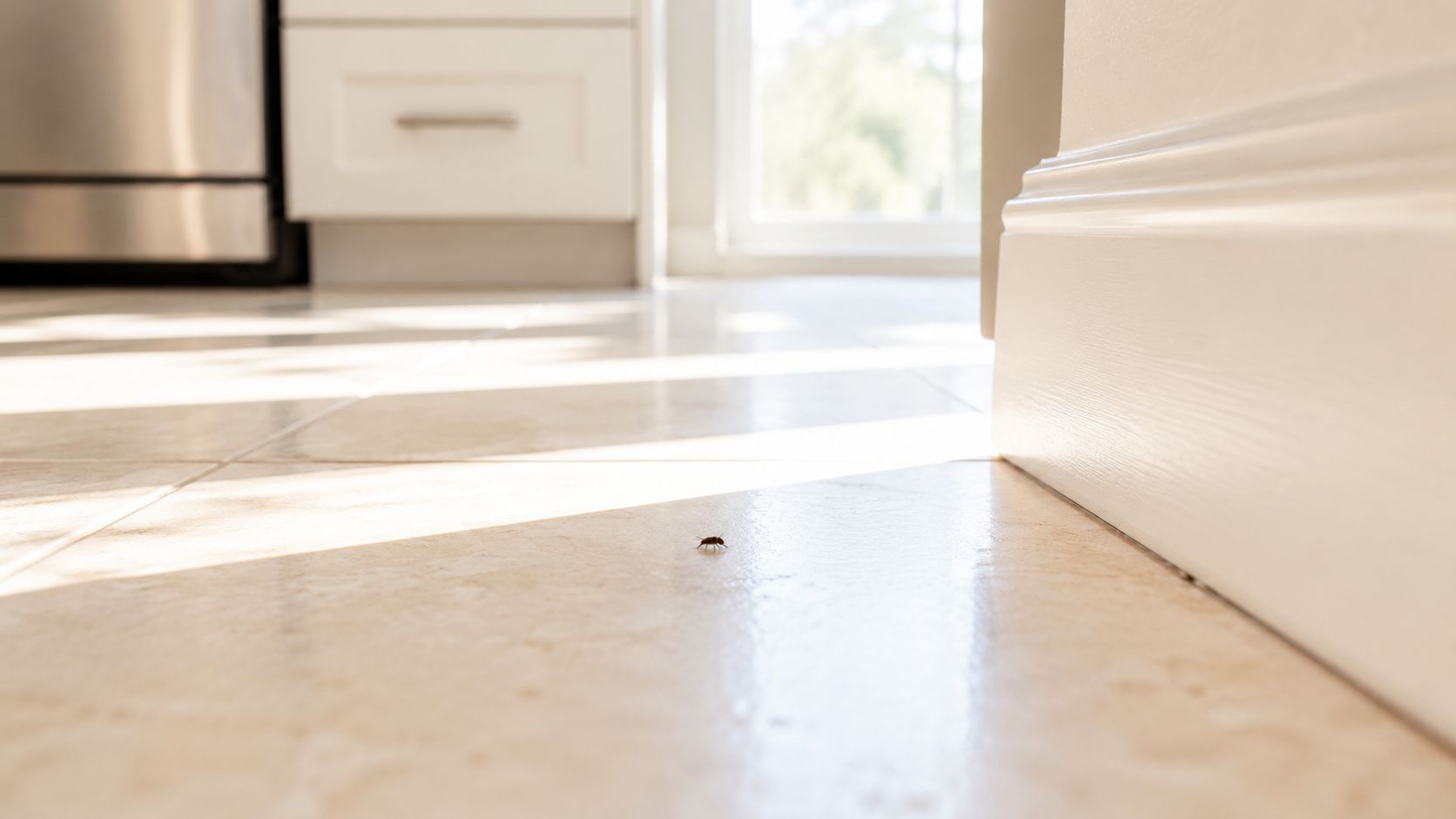Beetles Inside House: ID & Removal Guide 2026 1 A small beetle crawls across a tiled kitchen floor near a white baseboard in a house.