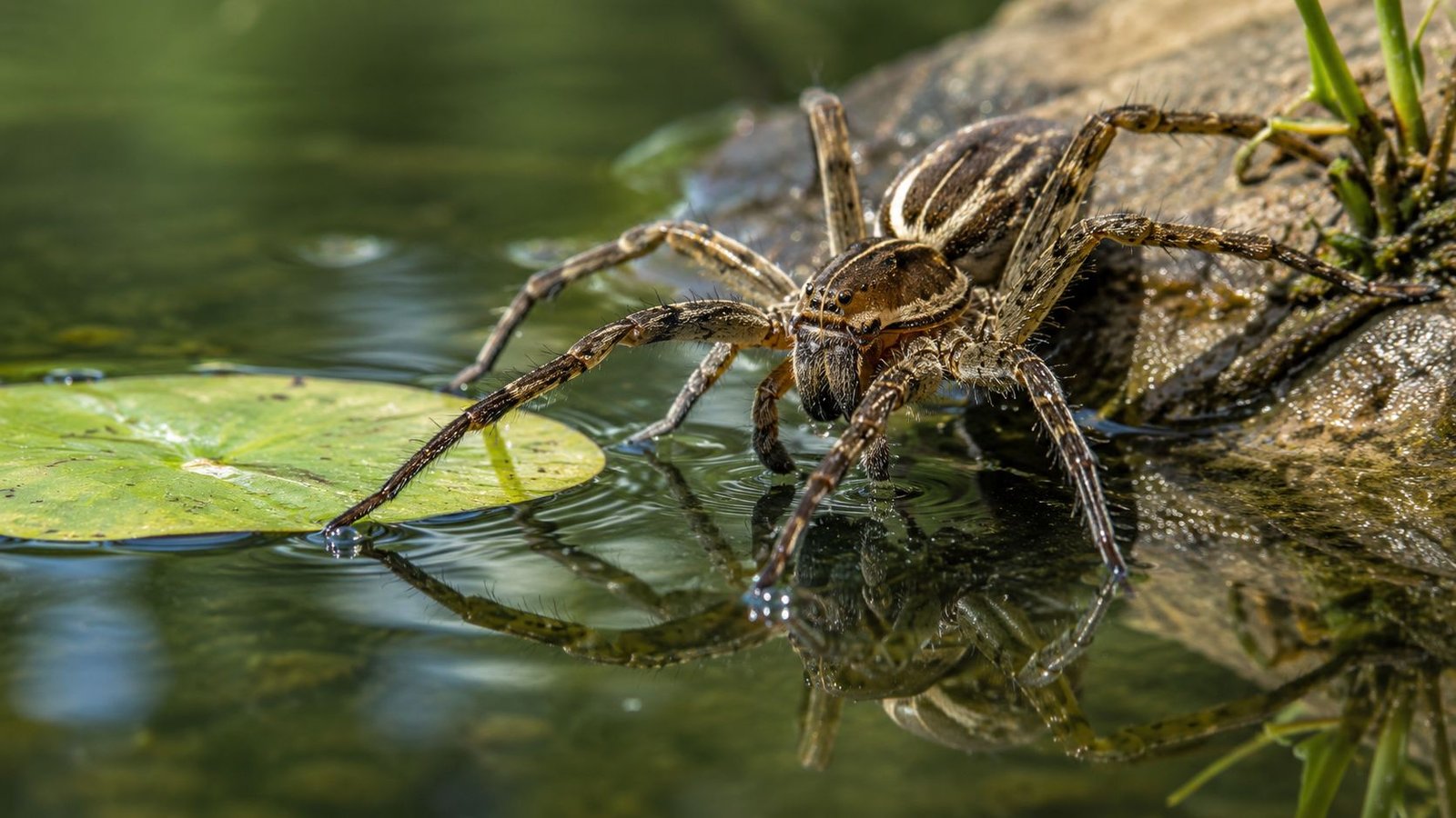 7 Biggest Spiders in Ontario: ID & Control Guide 2 A large brown fishing spider resting on a rock near the water with its reflection visible.
