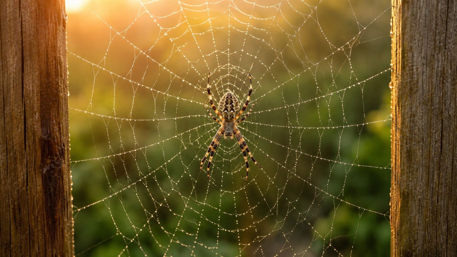 7 Biggest Spiders in Ontario: ID & Control Guide 3 A detailed close-up of a spider centered in its dew-covered web between two wooden posts at sunset.