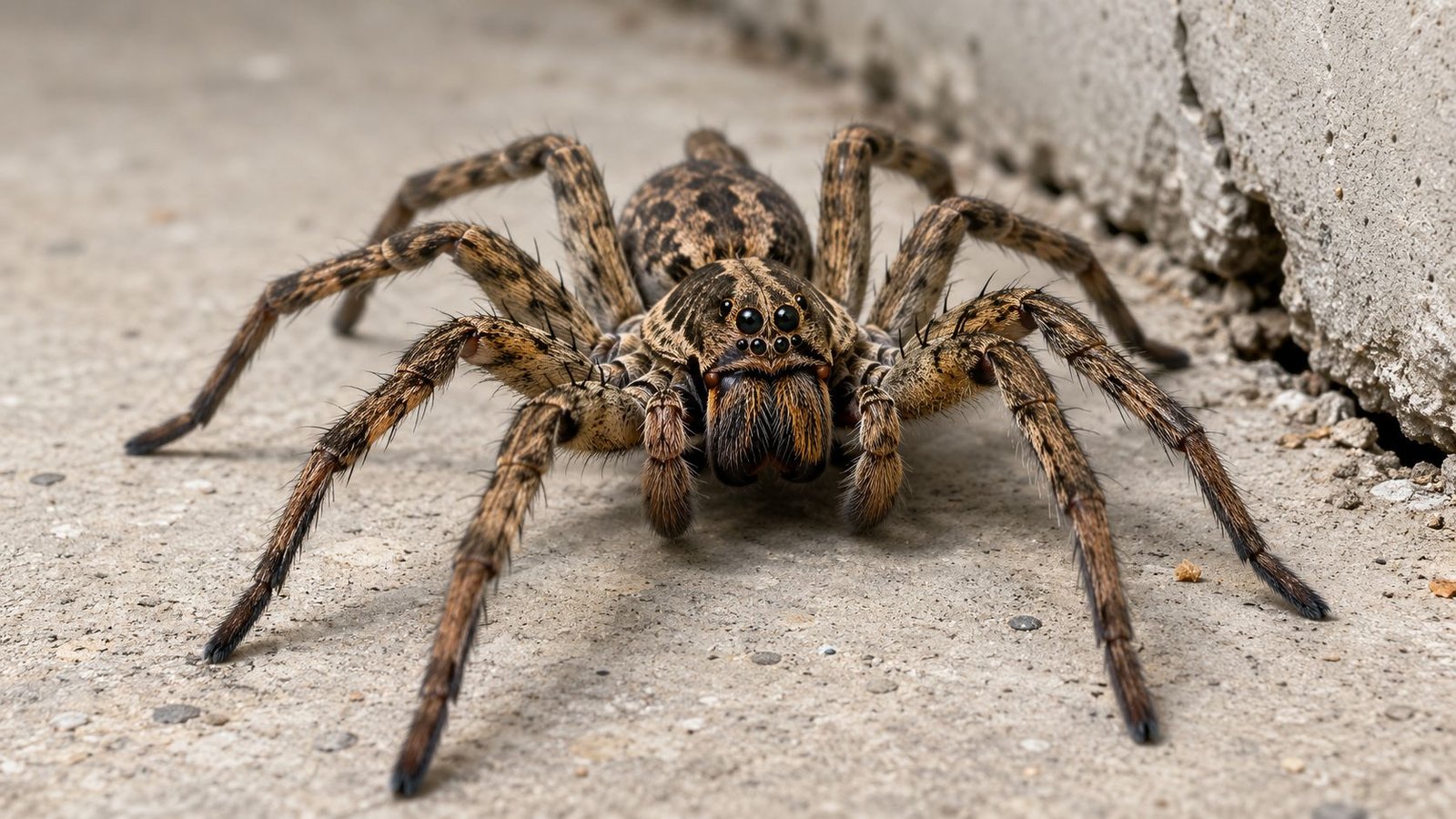 7 Biggest Spiders in Ontario: ID & Control Guide 1 A close-up view of a large wolf spider standing on concrete against a rough wall background.