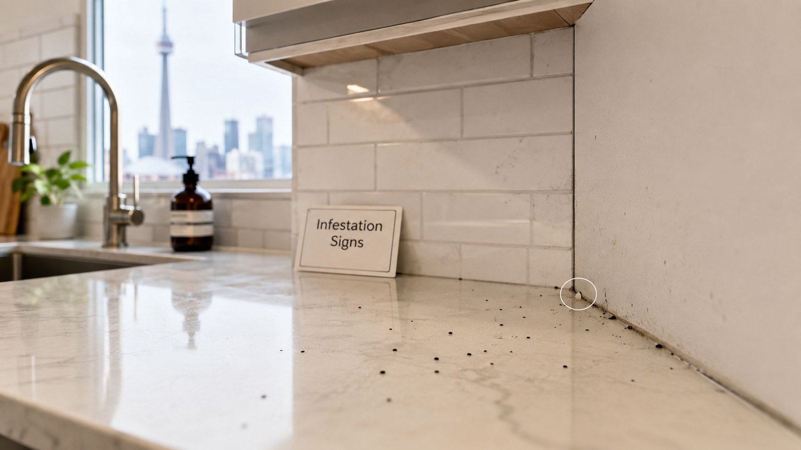 Cockroach Extermination Toronto: 2026 Expert Guide 1 Small black droppings on a kitchen countertop in front of a sign labeled Infestation Signs in Toronto.