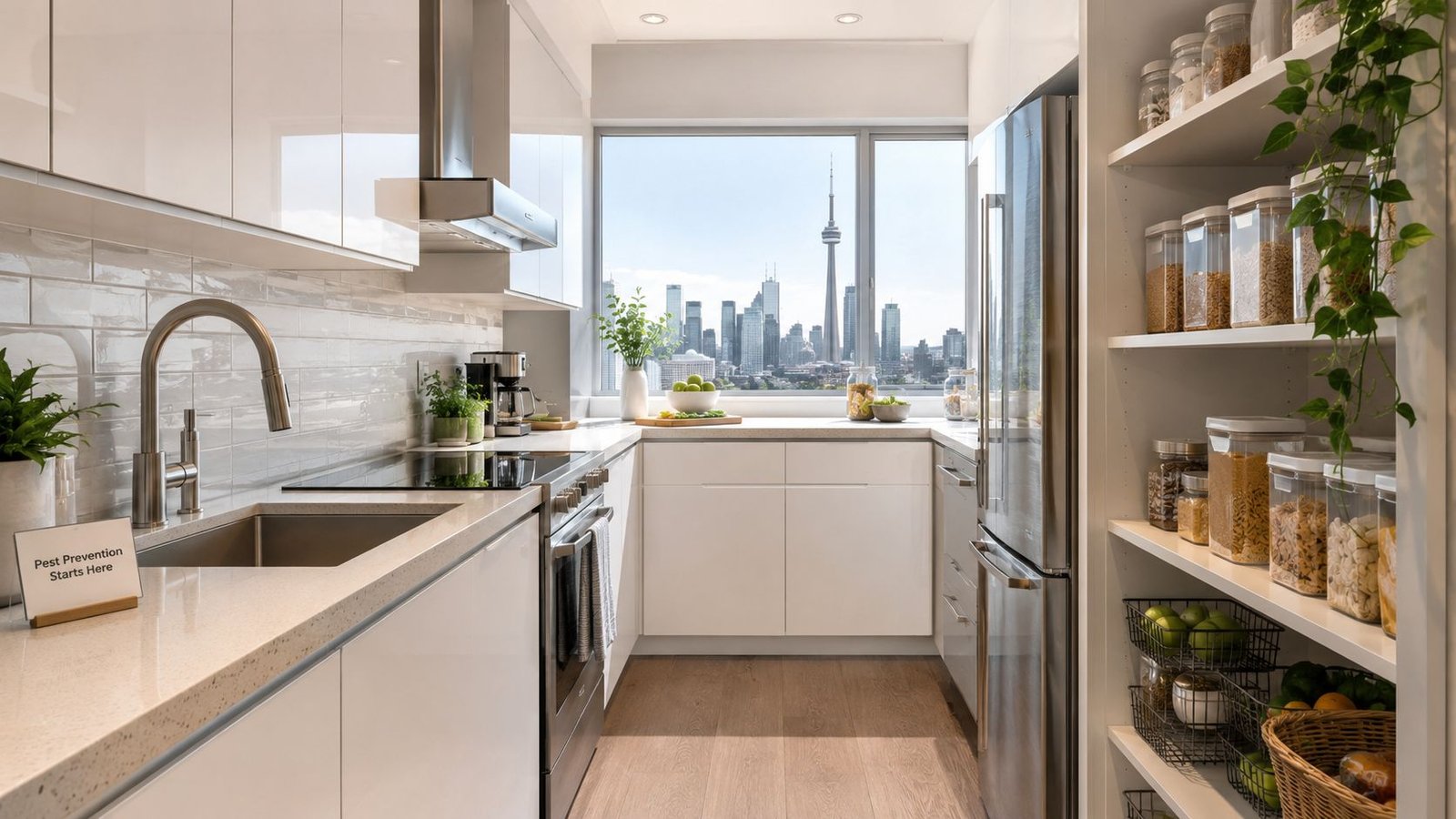 Cockroach Extermination Toronto: 2026 Expert Guide 3 A clean modern apartment kitchen in Toronto featuring a view of the CN Tower and a pest prevention sign.