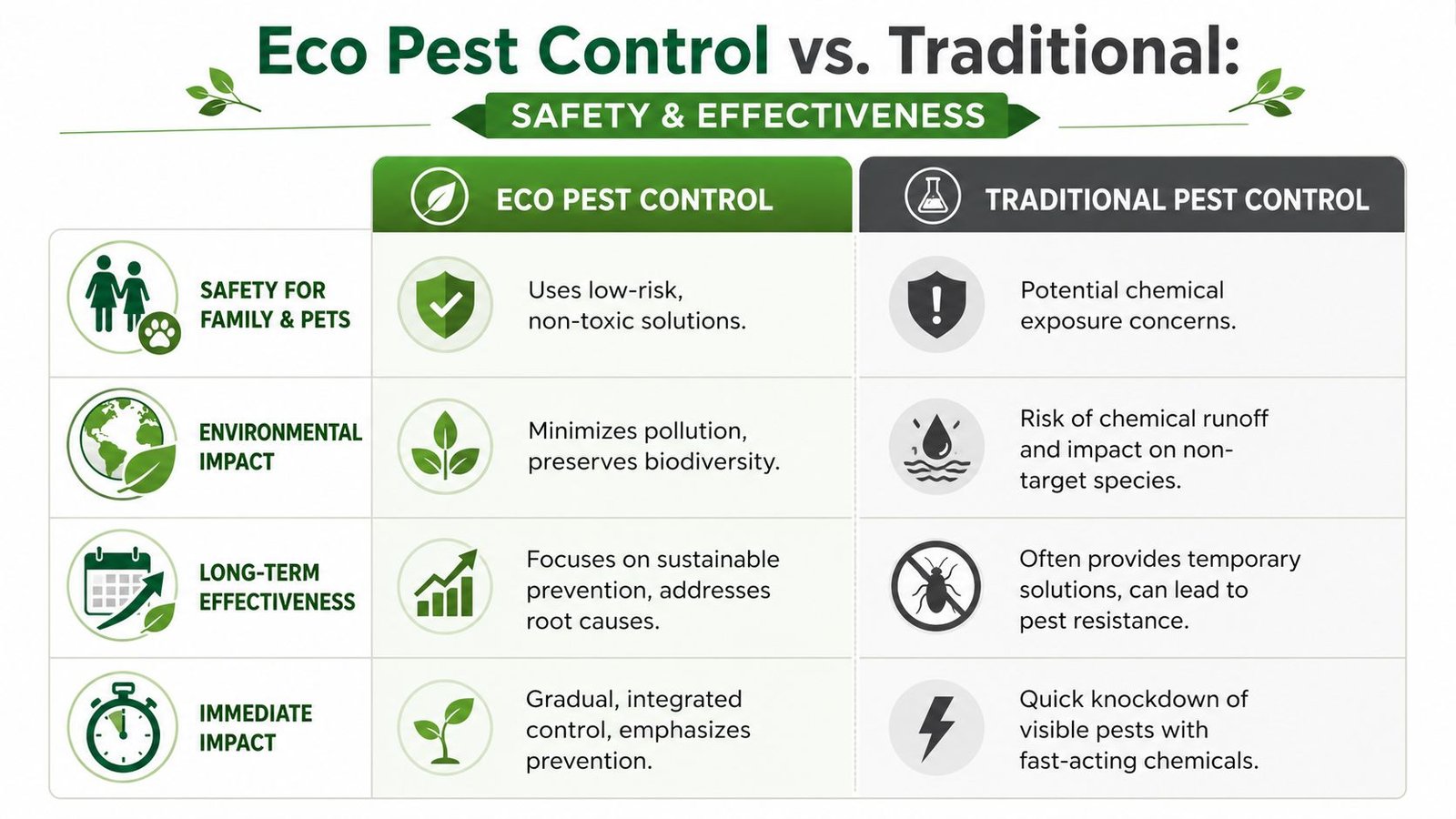 A comparison chart outlining the safety, environmental, and effectiveness differences between eco-friendly and traditional pest control methods.