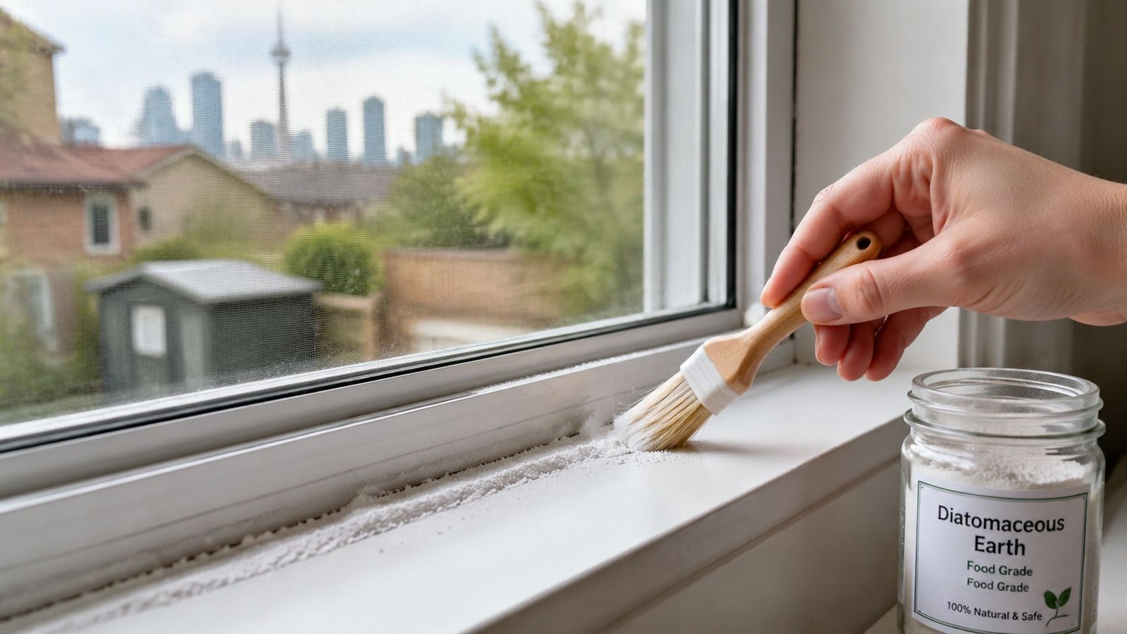 A person using a brush to apply diatomaceous earth to a window sill for eco-friendly pest control.