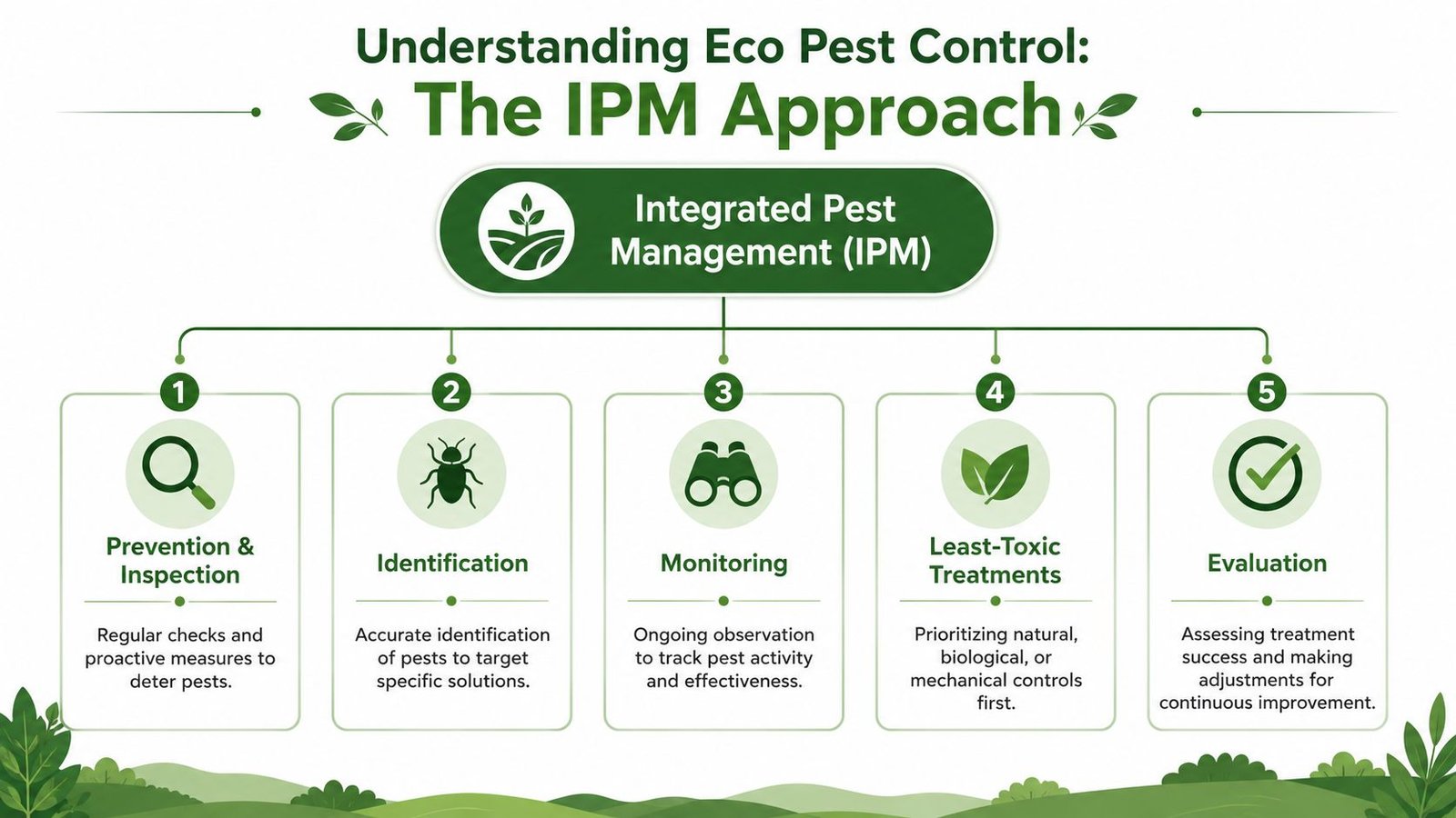 An infographic showing the five steps of the Integrated Pest Management approach for eco-friendly pest control.