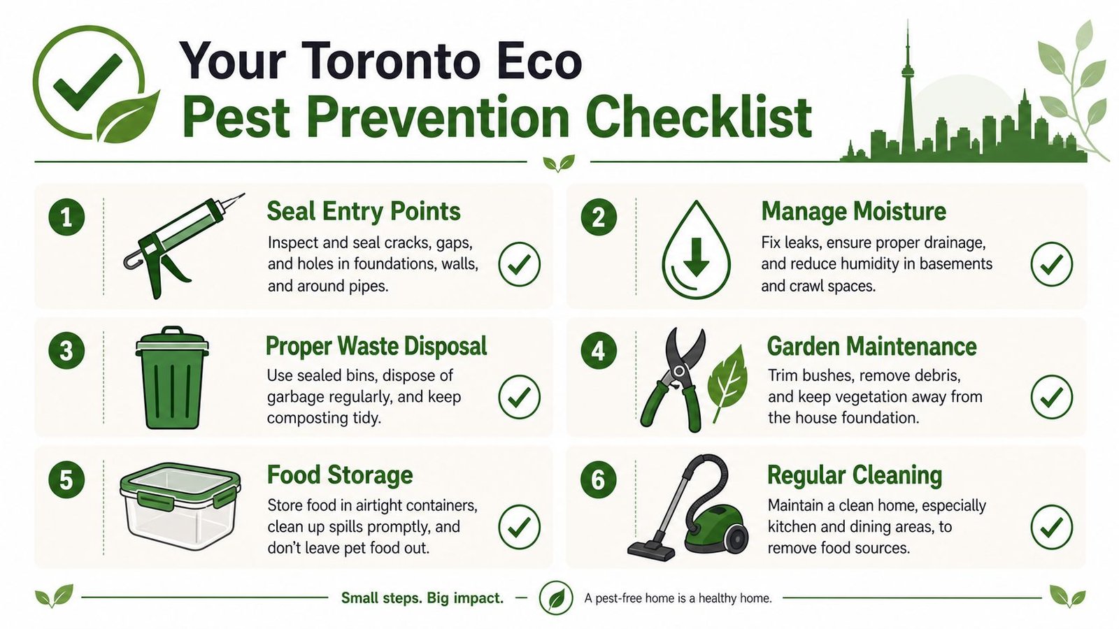 An infographic checklist for eco-friendly pest prevention tips for homes in Toronto, Canada.