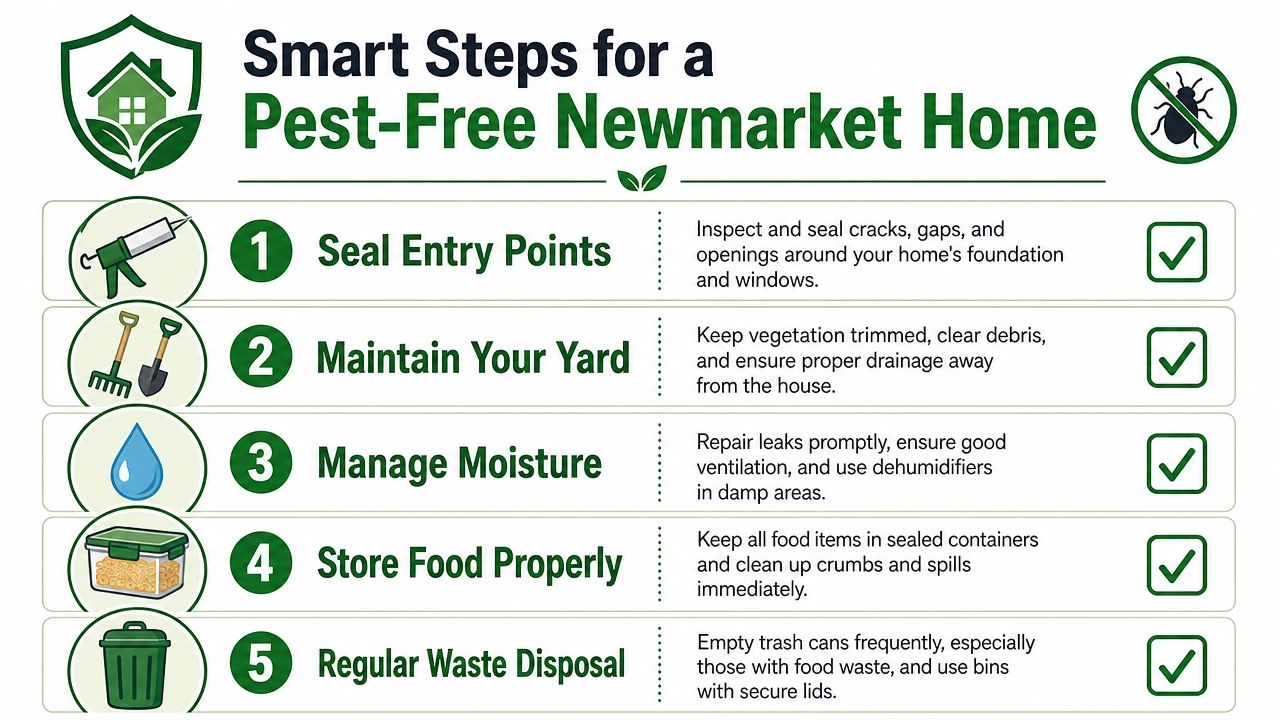 Exterminator Newmarket 4 An infographic titled Smart Steps for a Pest-Free Newmarket Home, showing five essential household pest prevention tips.