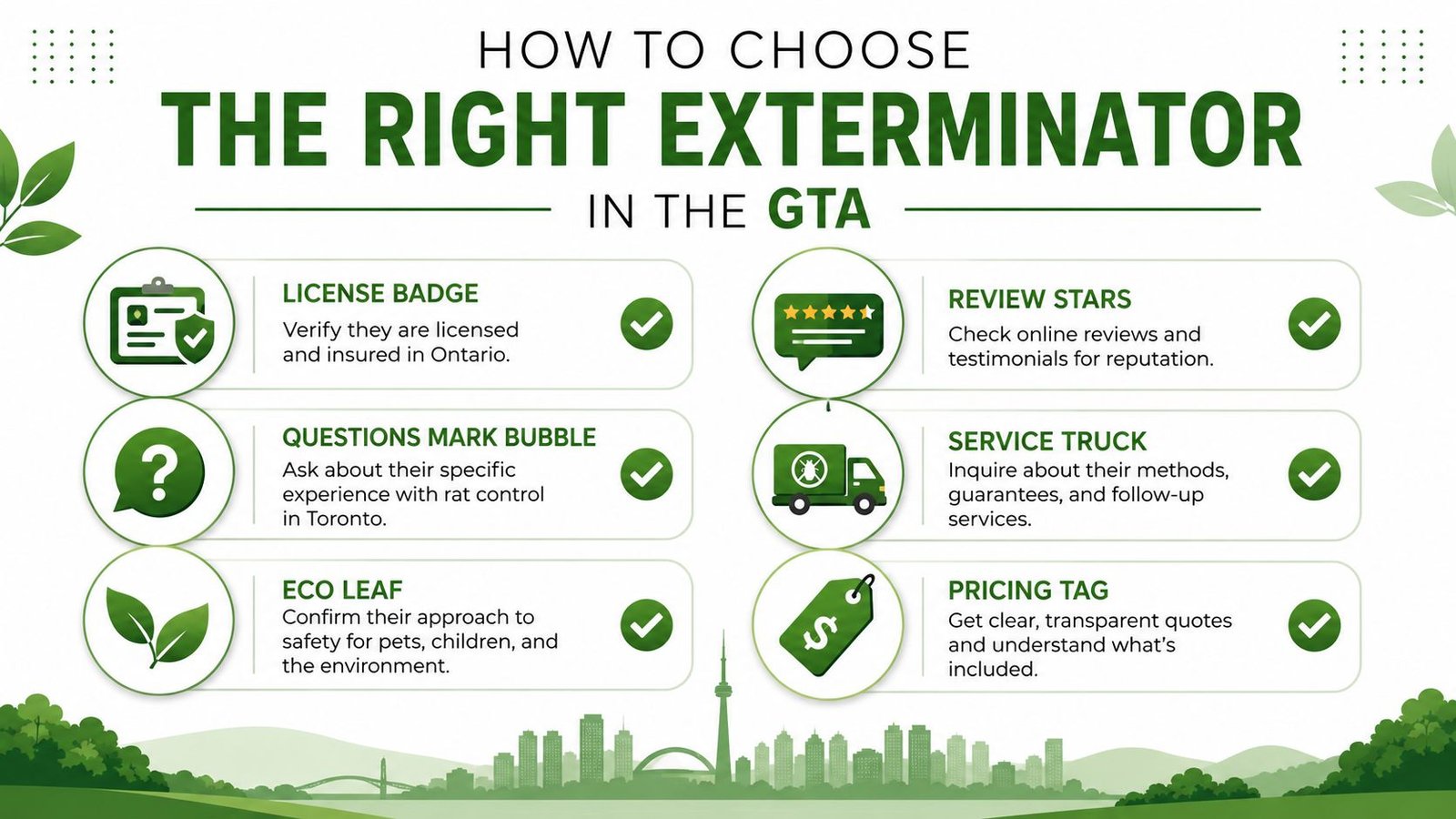Exterminators for Rats in Toronto: The 2026 Homeowner Guide 4 An infographic titled How to Choose the Right Exterminator in the GTA with six helpful tips.