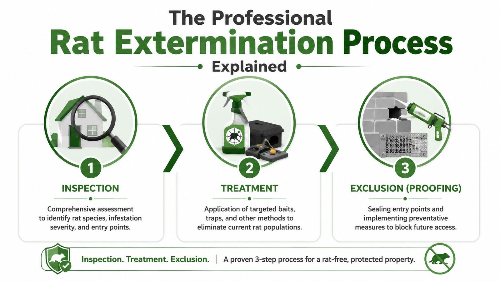 Exterminators for Rats in Toronto: The 2026 Homeowner Guide 3 A professional three-step infographic detailing the process of rat inspection, treatment, and exclusion for property protection.