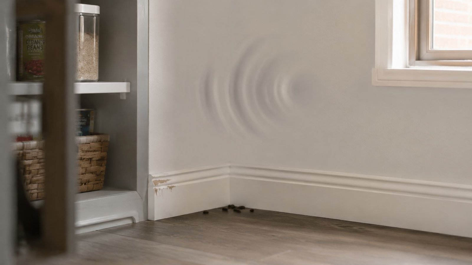 Exterminators for Rats in Toronto: The 2026 Homeowner Guide 1 A corner of a room with floor-level damage to the baseboard, scattered droppings, and stylized vibration ripples.