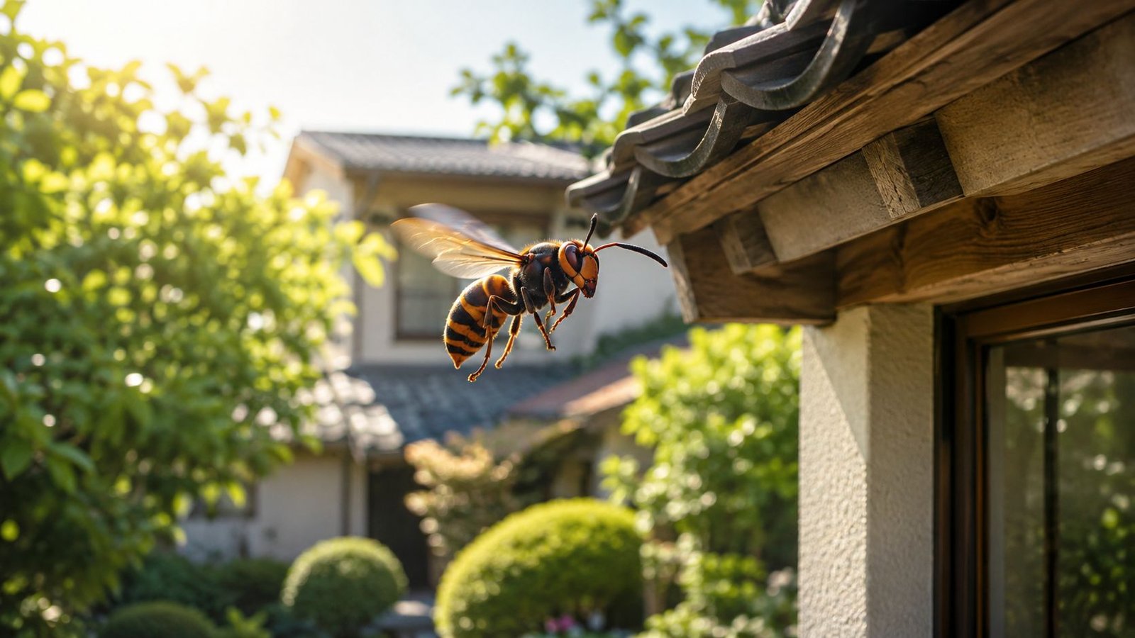 Hornets Nest Removal Toronto: Protect Your Home Now 2 A large Asian giant hornet flying near the roof eaves of a house in a garden.