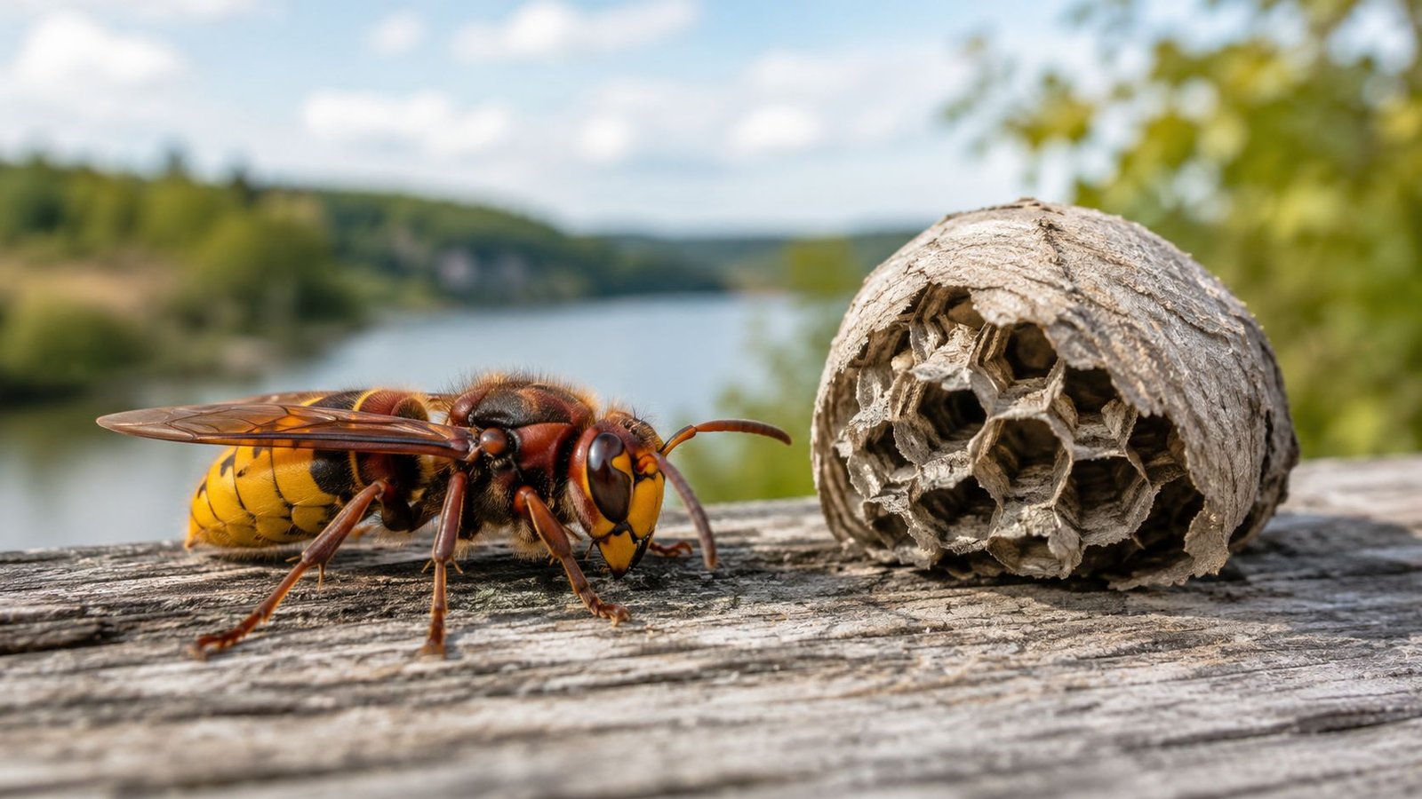 Hornets Nest Removal Toronto: Protect Your Home Now 1 A European hornet resting next to a small, abandoned paper wasp nest on a weathered wooden surface.