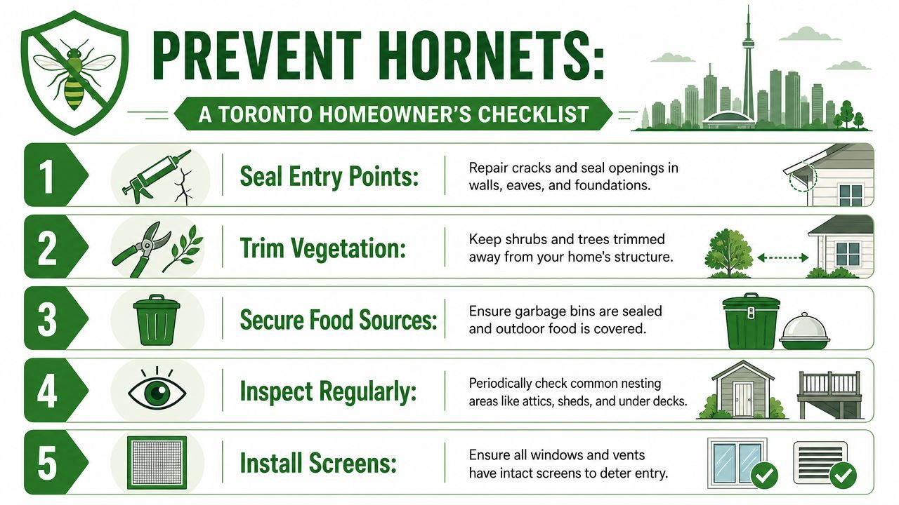 Hornets Nest Removal Toronto: Protect Your Home Now 4 An infographic checklist for Toronto homeowners on how to prevent hornet infestations around their property.