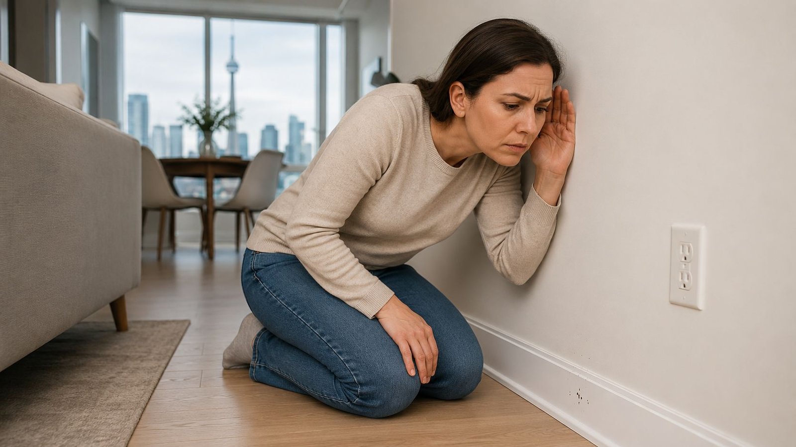 How to Get Rid of Mice in Wall: A Toronto Homeowner's Guide 1 A concerned woman kneeling on the floor while pressing her ear against a wall to listen for noises.