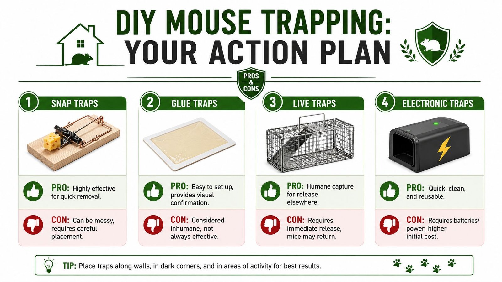 How to Get Rid of Mice in Wall: A Toronto Homeowner's Guide 2 An infographic showing four common types of DIY mouse traps, highlighting the pros and cons of each method.