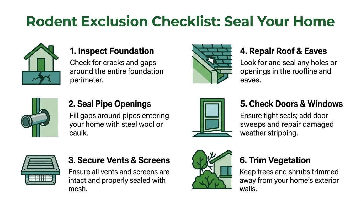 How to Get Rid of Mice in Wall: A Toronto Homeowner's Guide 3 A rodant exclusion checklist infographic showing six steps to seal home openings and prevent mice infestations.