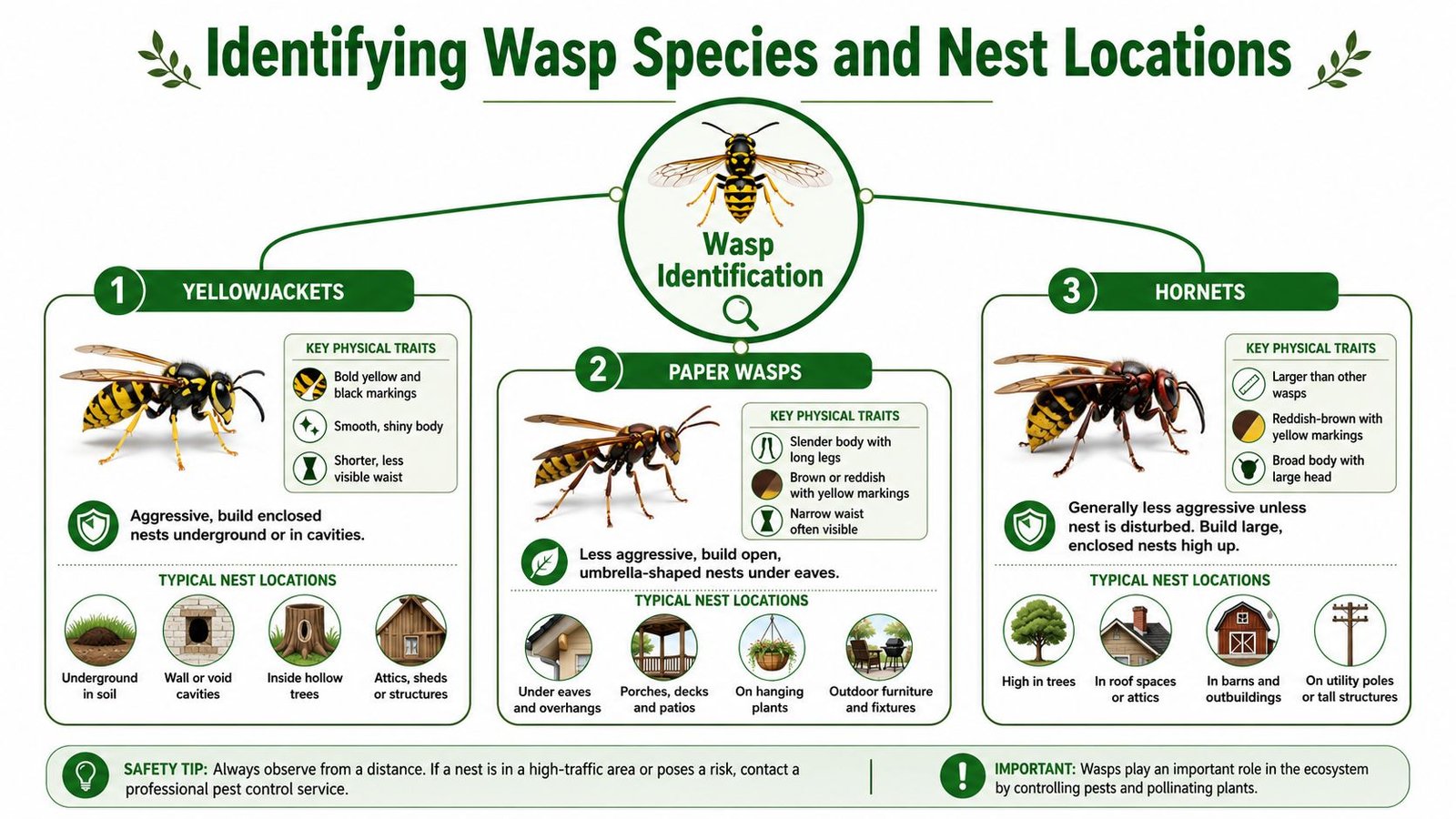 How to Get Rid of Wasps in Toronto Homes 1 A visual guide identifying yellowjackets, paper wasps, and hornets by physical traits and typical nest locations.