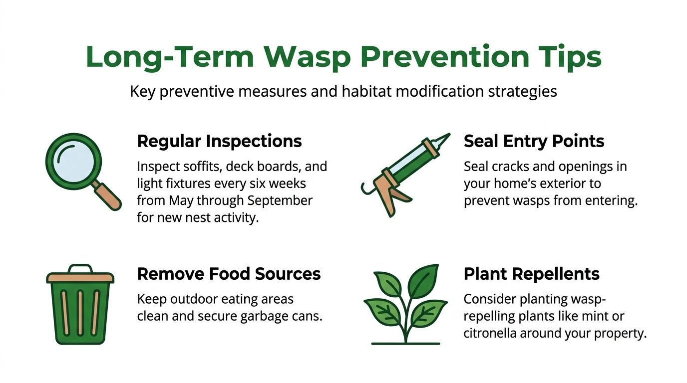 How to Get Rid of Wasps in Toronto Homes 4 An infographic showing four long-term wasp prevention tips for homeowners, including inspections and sealing entry points.