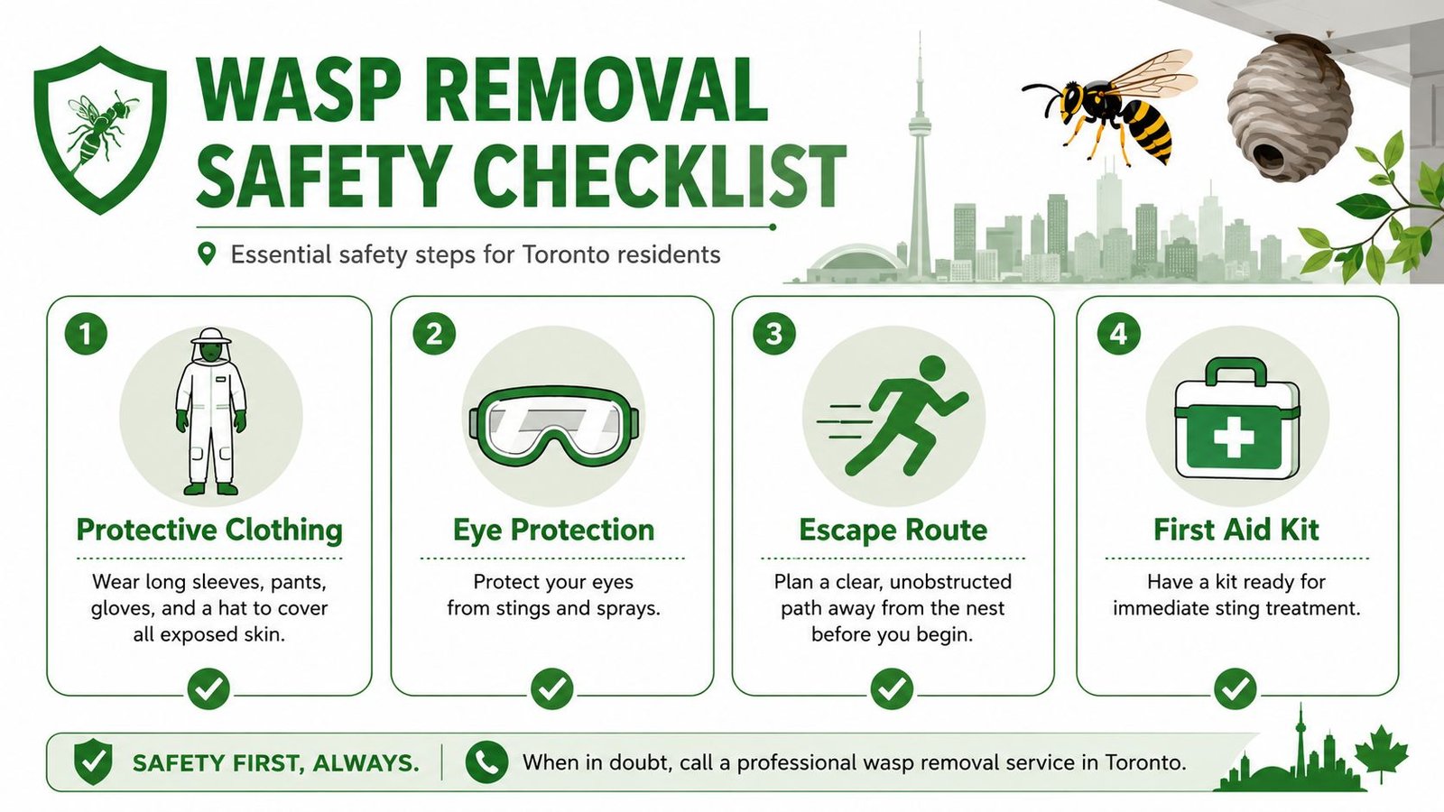 How to Get Rid of Wasps in Toronto Homes 2 A safety checklist infographic for Toronto residents providing essential steps for safe wasp nest removal.