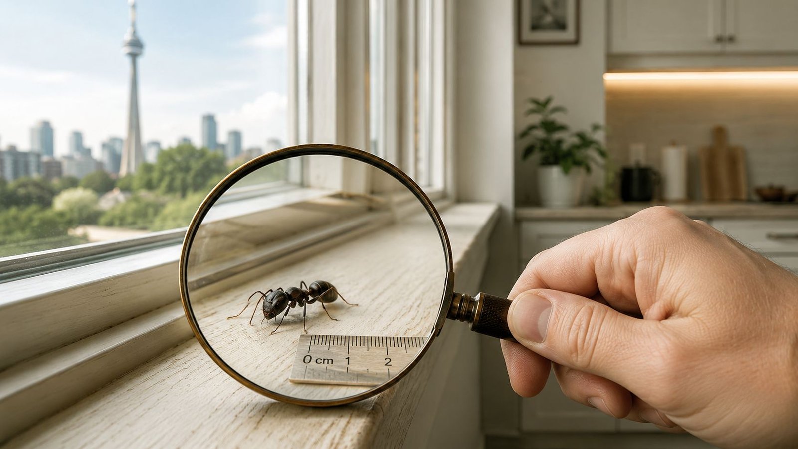 A person holds a magnifying glass over a carpenter ant on a window sill with a ruler.