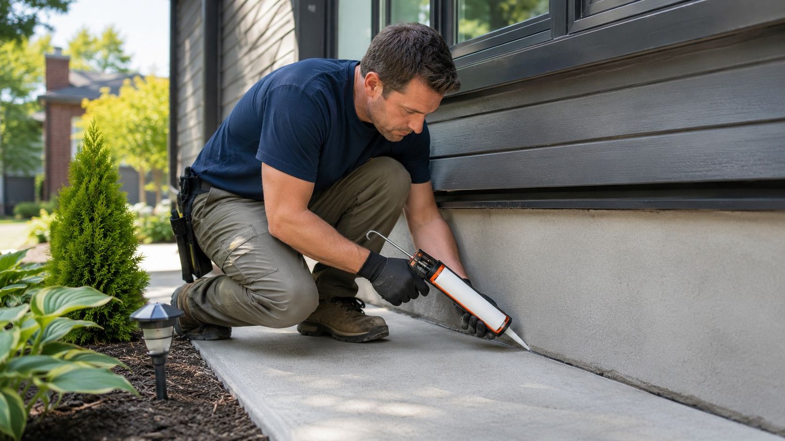 A professional maintenance worker applying sealant to a foundation crack to prevent carpenter ant infestation.