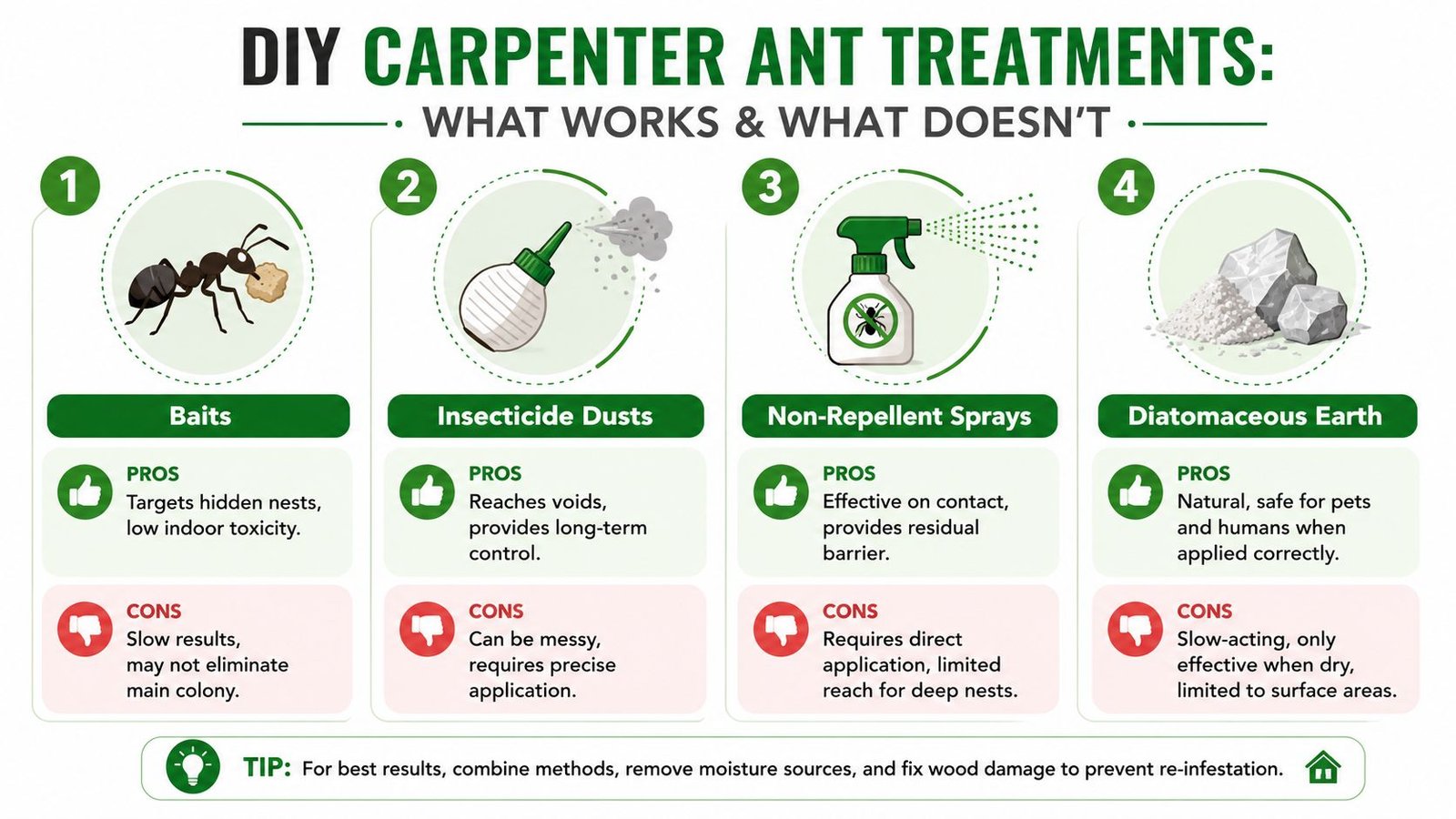 An infographic showing four effective DIY treatments for carpenter ants with their pros and cons.