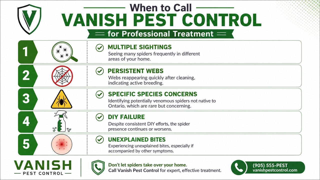 Ontario House Spiders: A Toronto Homeowner's Guide 2026 4 A professional infographic titled When to Call Vanish Pest Control listing five common reasons for spider infestations.