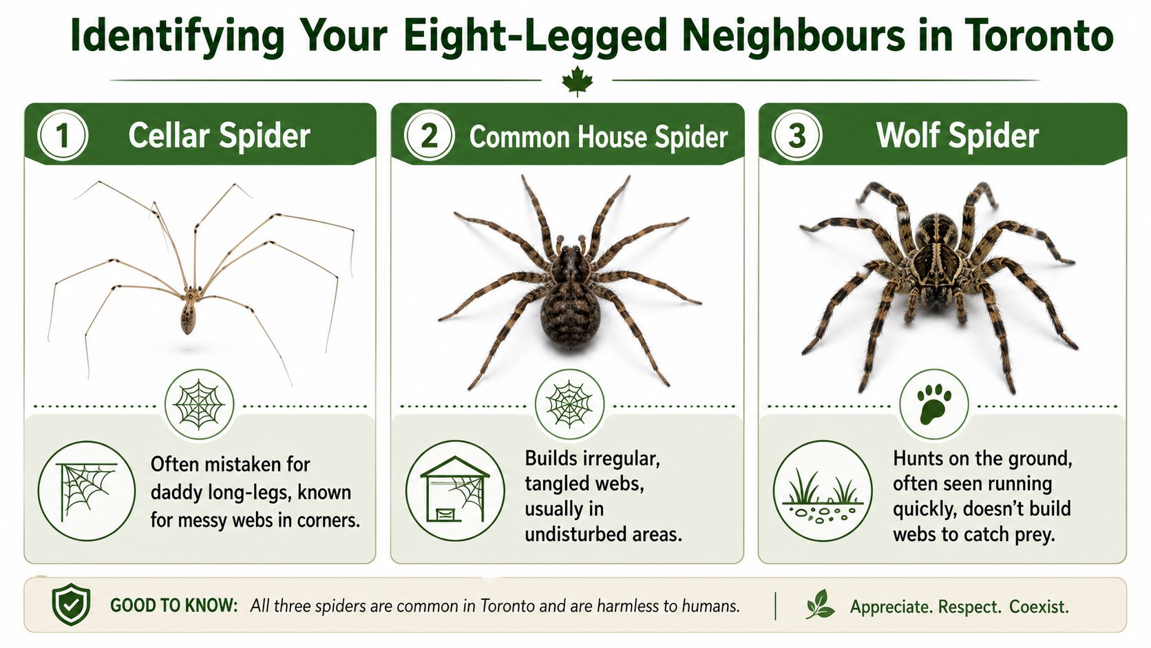 Ontario House Spiders: A Toronto Homeowner's Guide 2026 1 An educational infographic identifying three common harmless spiders found in Toronto homes: cellar, house, and wolf spiders.