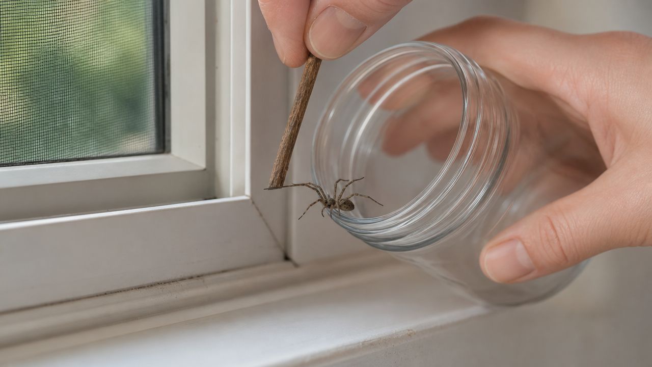 Ontario House Spiders: A Toronto Homeowner's Guide 2026 2 A person using a small wooden stick to gently guide a house spider into a glass jar.