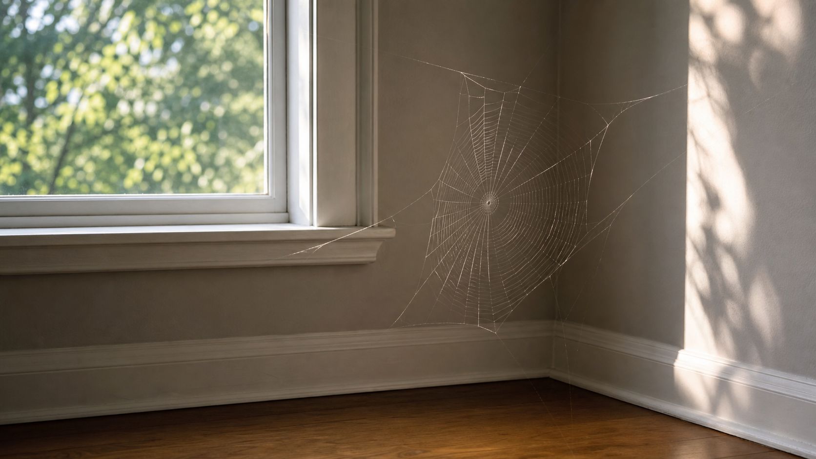 Ontario House Spiders: A Toronto Homeowner's Guide 2026 3 A large, detailed spider web spun in the corner of a quiet room near a sunny window.