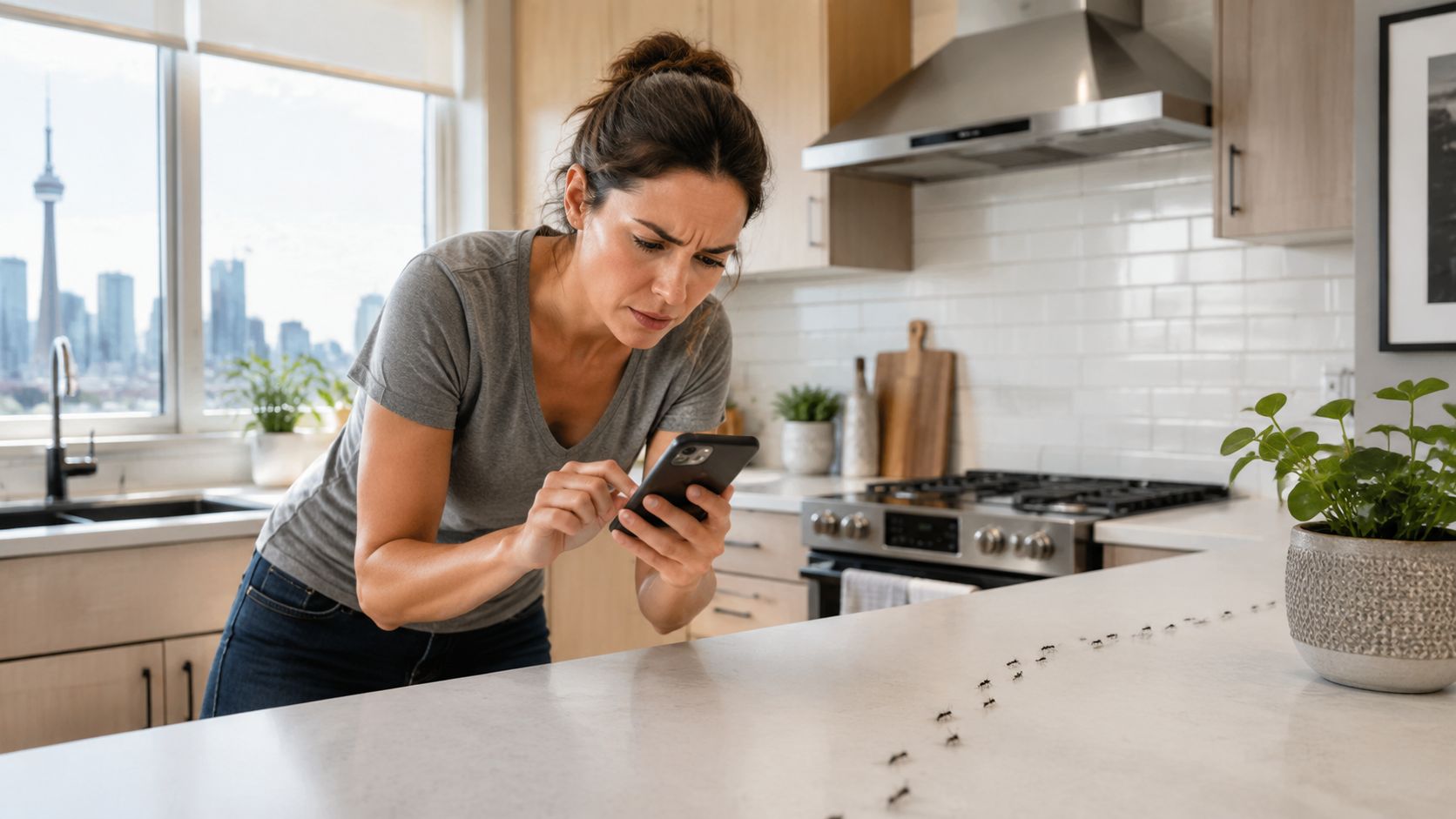 Finding a Pest Control Company Near Me in Toronto 1 A concerned woman uses her phone to find help for an ant infestation on her kitchen counter.