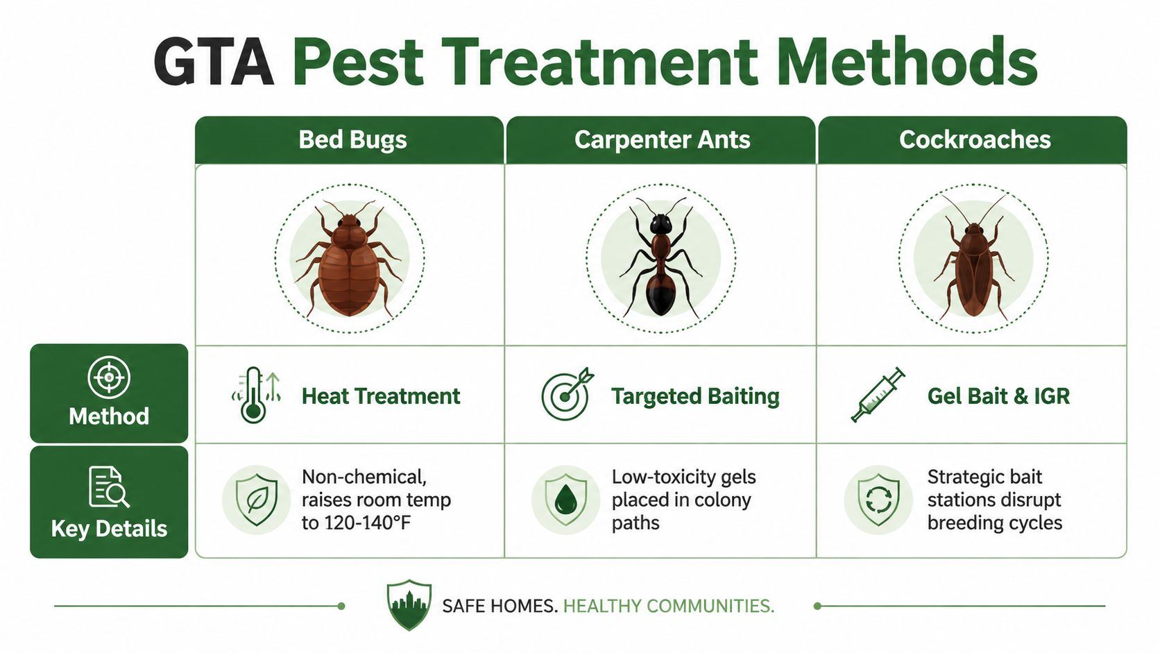 Finding a Pest Control Company Near Me in Toronto 2 A chart showing various pest control methods for bed bugs, carpenter ants, and cockroaches in homes.