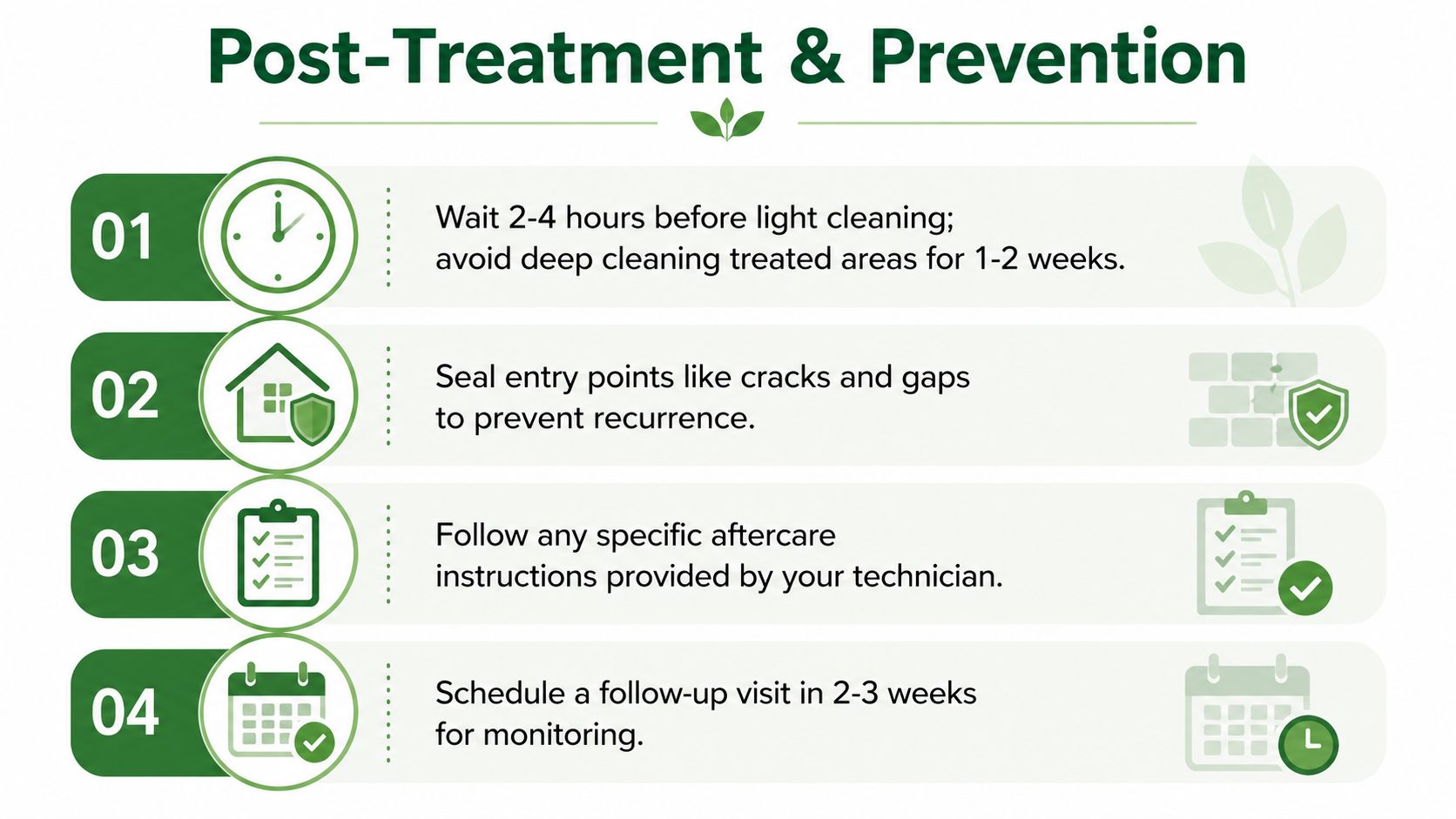 Finding a Pest Control Company Near Me in Toronto 3 An infographic titled Post-Treatment and Prevention showing four steps for maintaining pest control results.