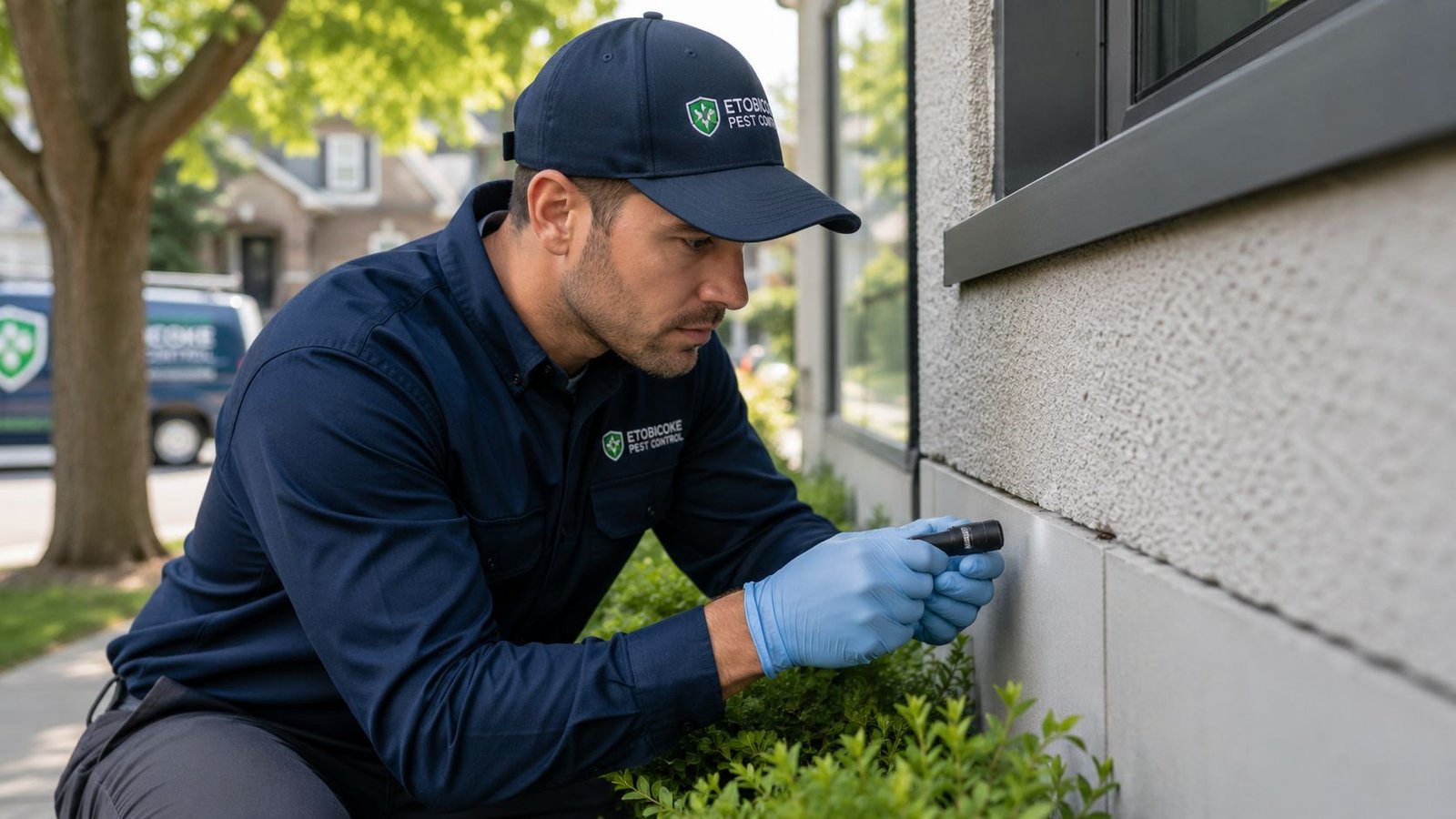 A professional pest control worker in uniform inspecting a residential home foundation wall with a small flashlight.