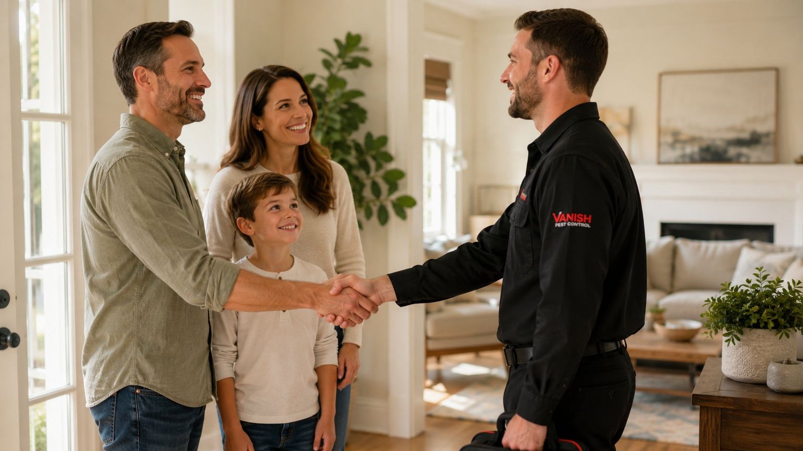 A professional pest control technician shaking hands with a happy family inside their welcoming home.