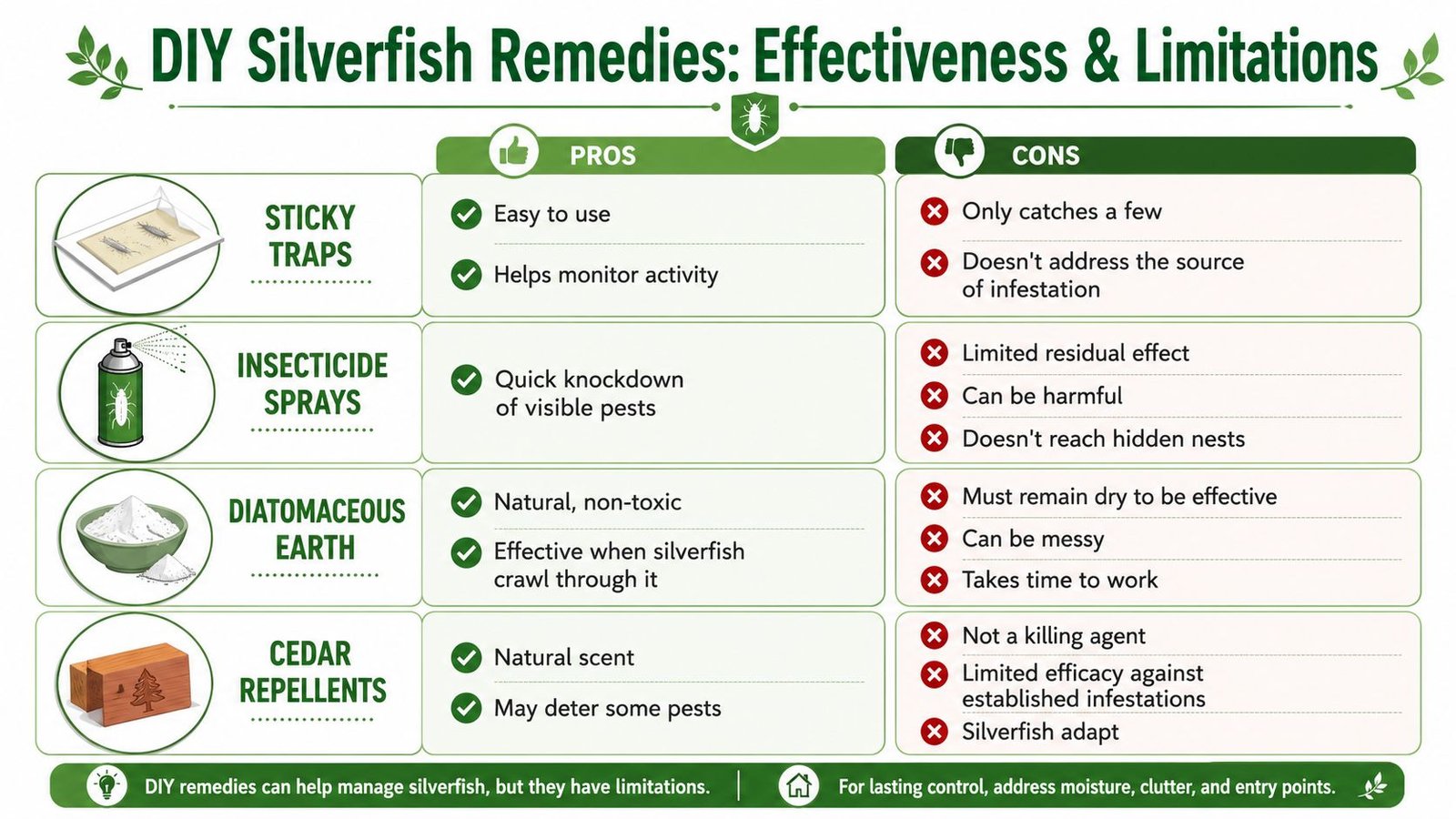 Pest Control for Silverfish: A Toronto Homeowner's Guide 2 A comparison chart outlining the pros and cons of four DIY silverfish pest control remedies.
