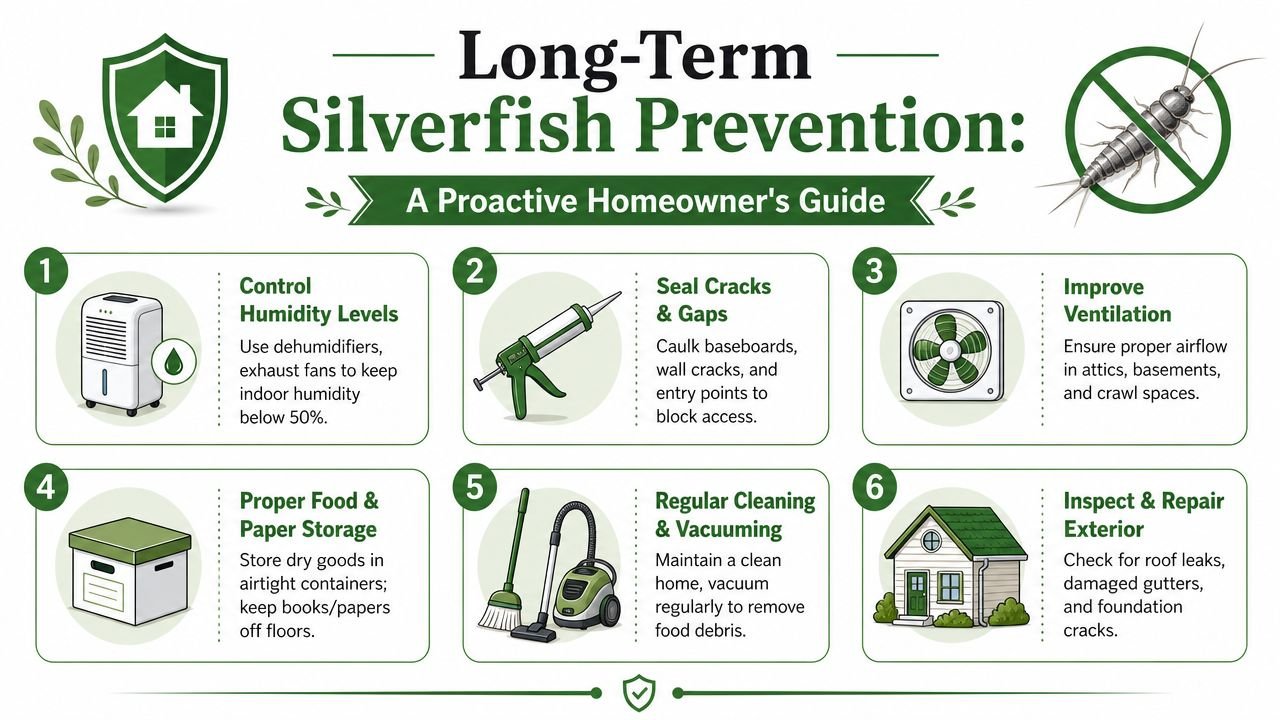 Pest Control for Silverfish: A Toronto Homeowner's Guide 4 A helpful infographic outlining six practical steps for effective long-term silverfish prevention in your home.