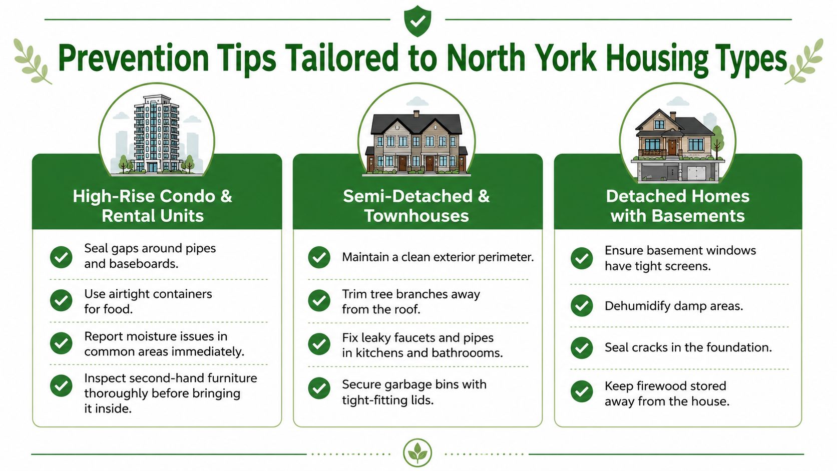 An infographic titled Prevention Tips Tailored to North York Housing Types, illustrating pest control advice for various residences.
