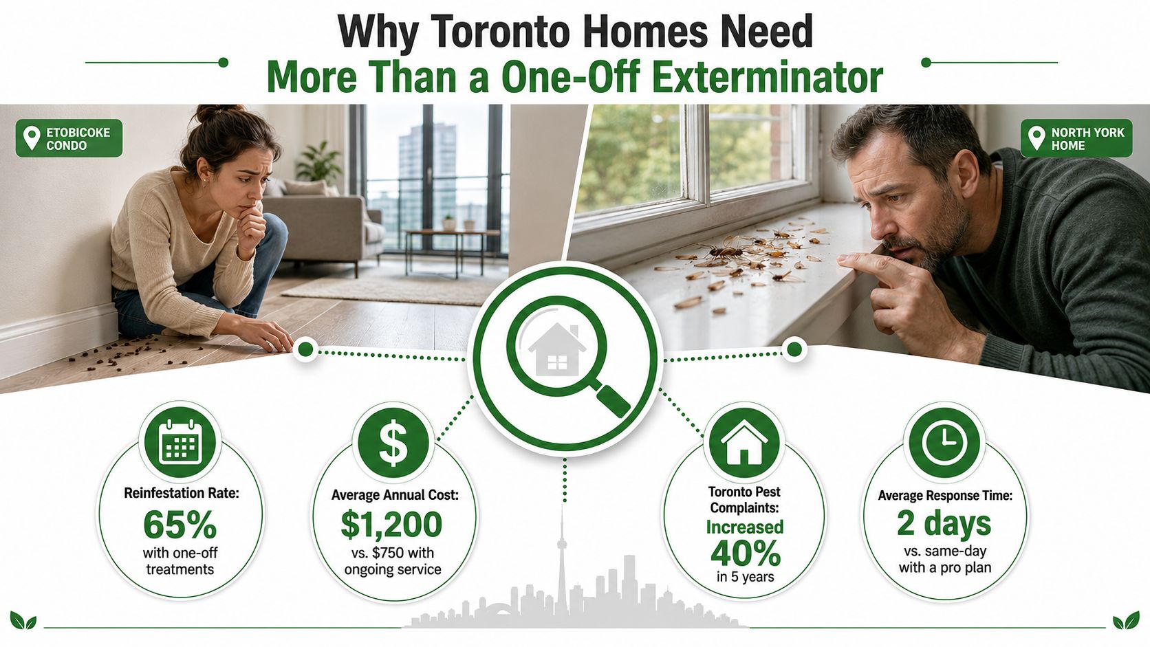 An infographic illustrating why Toronto homes require ongoing pest control services rather than one-off extermination treatments.