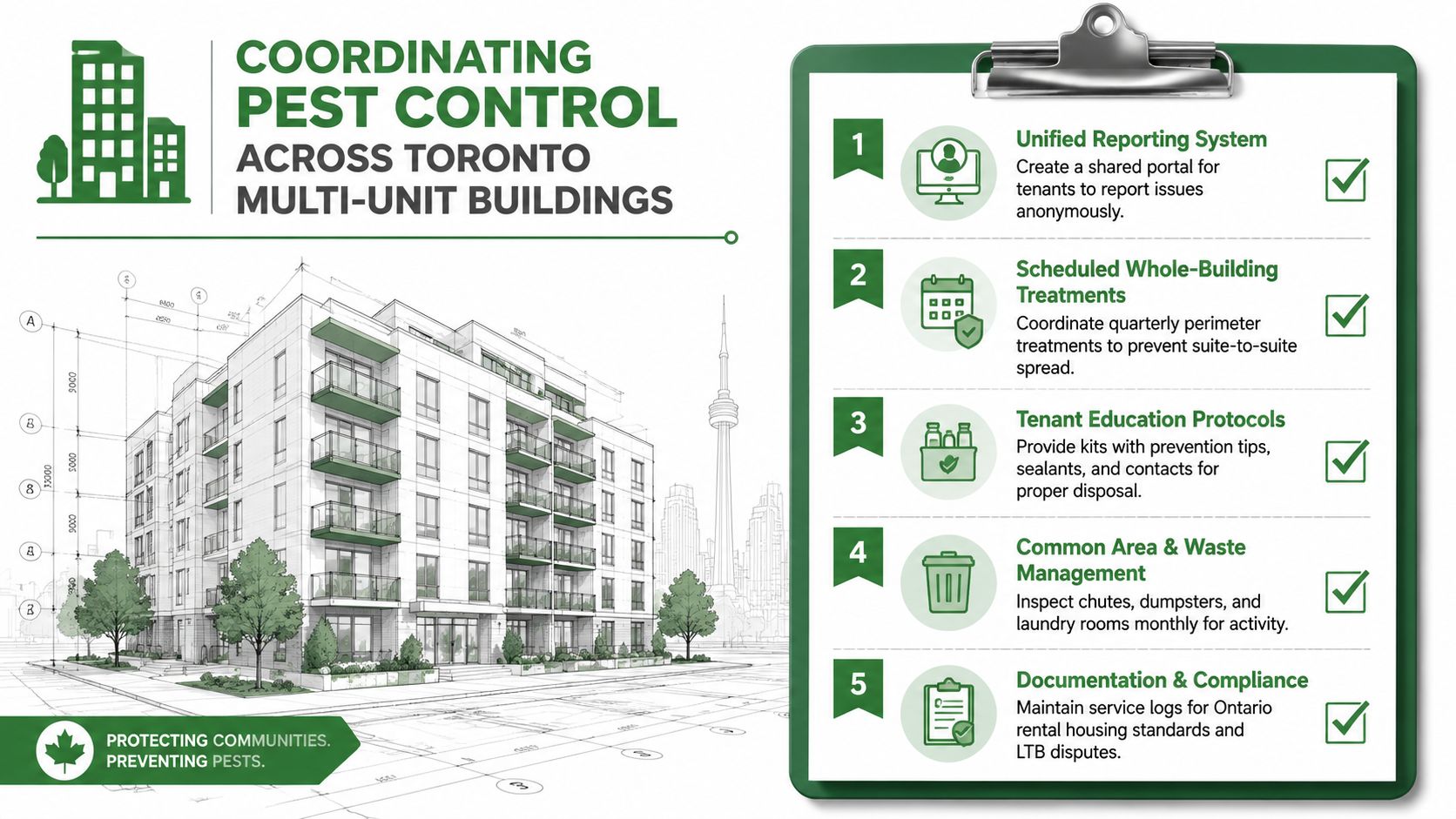 Pest Control Service Toronto: Your 2026 Guide 3 An infographic outlining five key strategies for coordinating effective pest control services in Toronto multi-unit buildings.