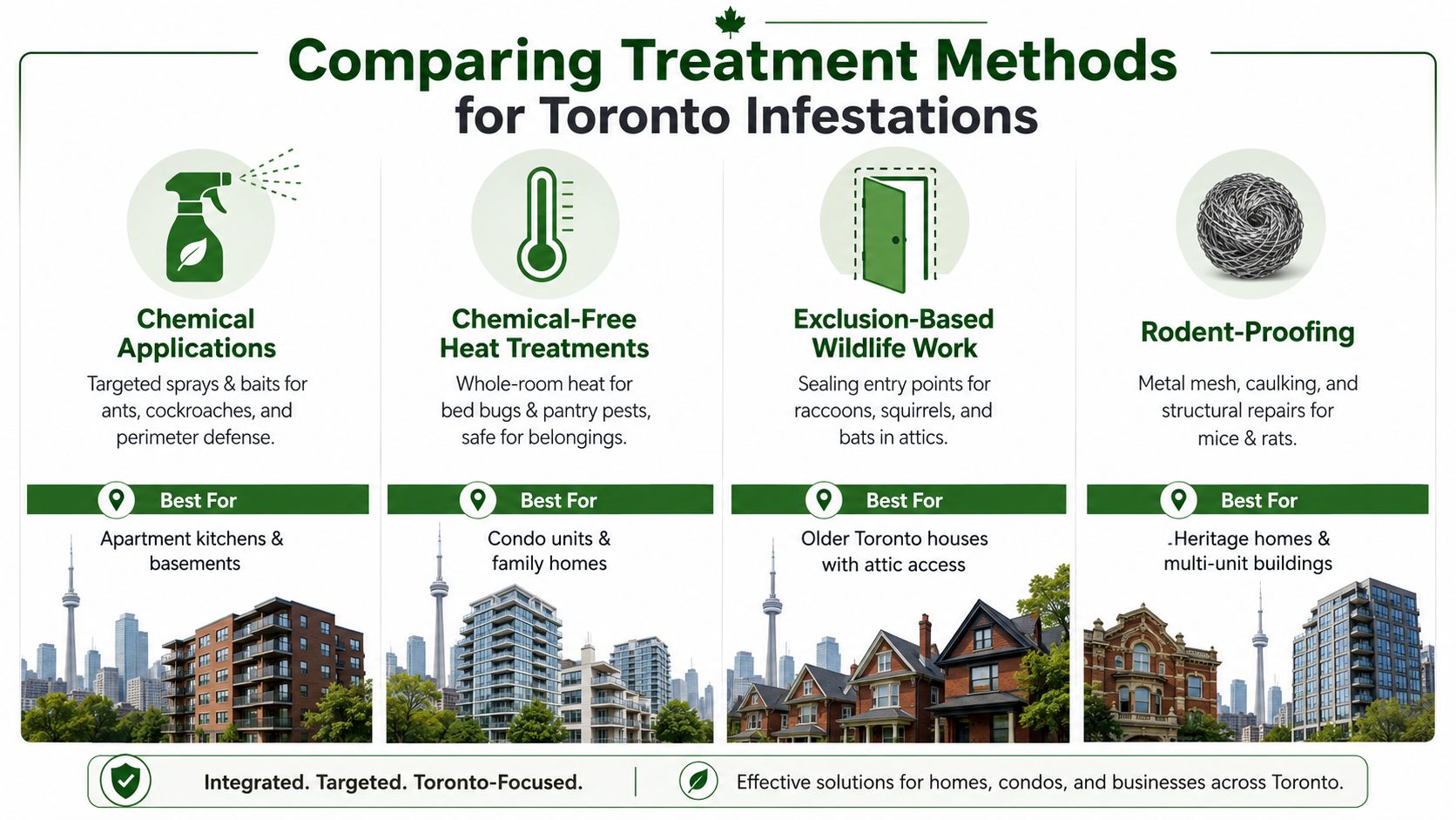 A comparison infographic detailing four effective pest control treatment methods used in Toronto homes and buildings.