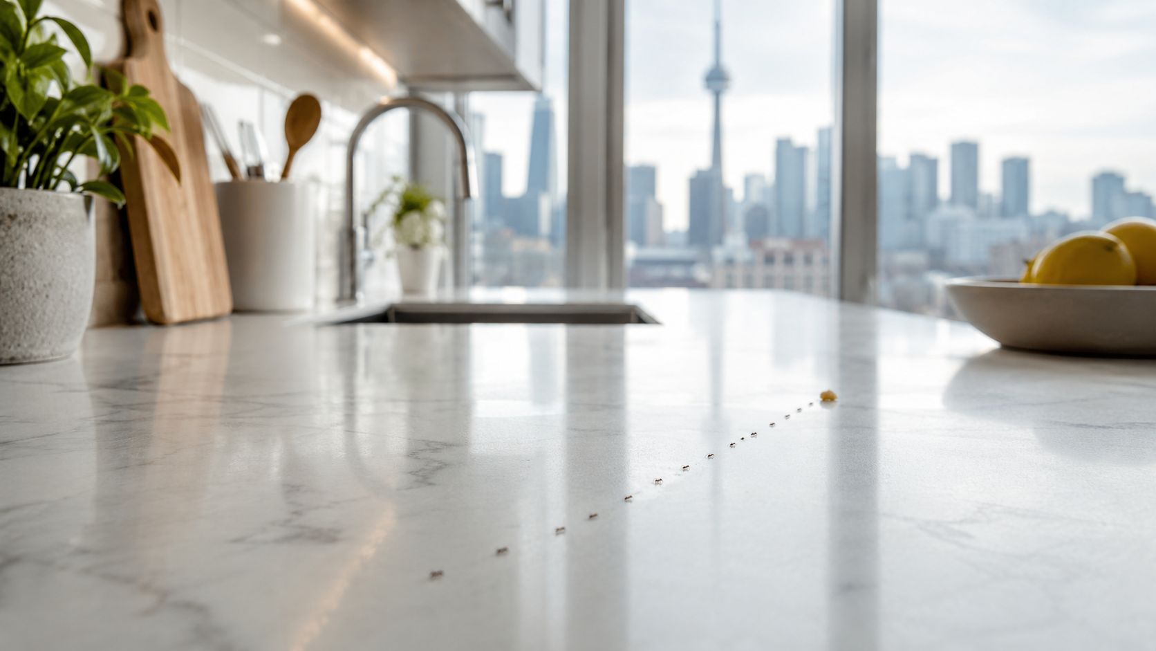 Pest Control Services in Toronto: A 2026 Homeowner's Guide 1 A line of ants marching across a white marble kitchen countertop in a modern Toronto apartment.