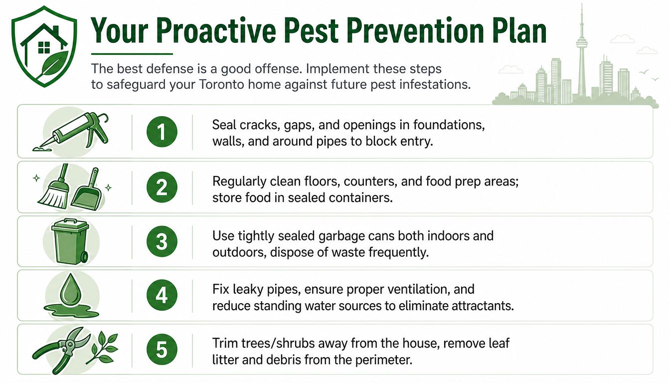 Pest Control Services in Toronto: A 2026 Homeowner's Guide 4 A five-step infographic for proactive pest prevention in Toronto homes featuring helpful home maintenance and cleaning tips.