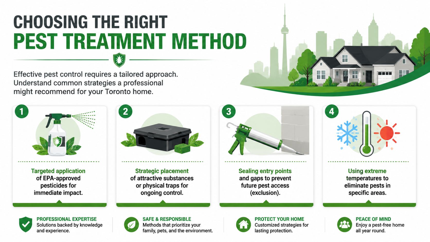 Pest Control Services in Toronto: A 2026 Homeowner's Guide 2 An infographic illustrating four professional methods for choosing the right pest treatment for Toronto homes.