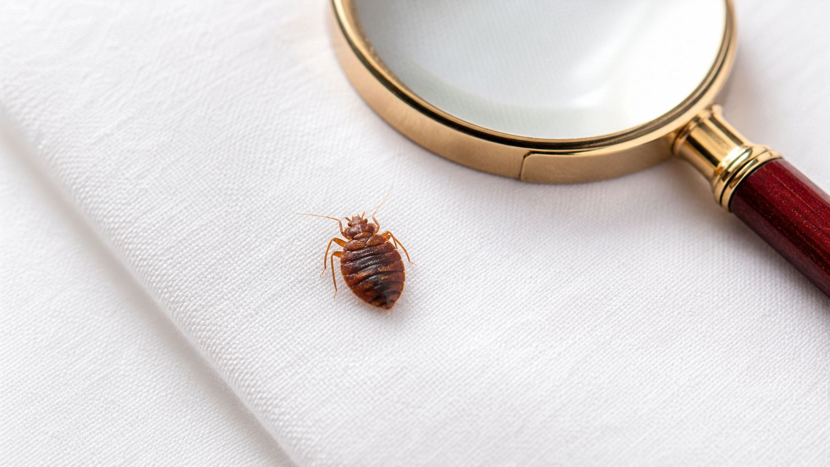 A brown bed bug sitting on a white sheet next to a magnifying glass for inspection.