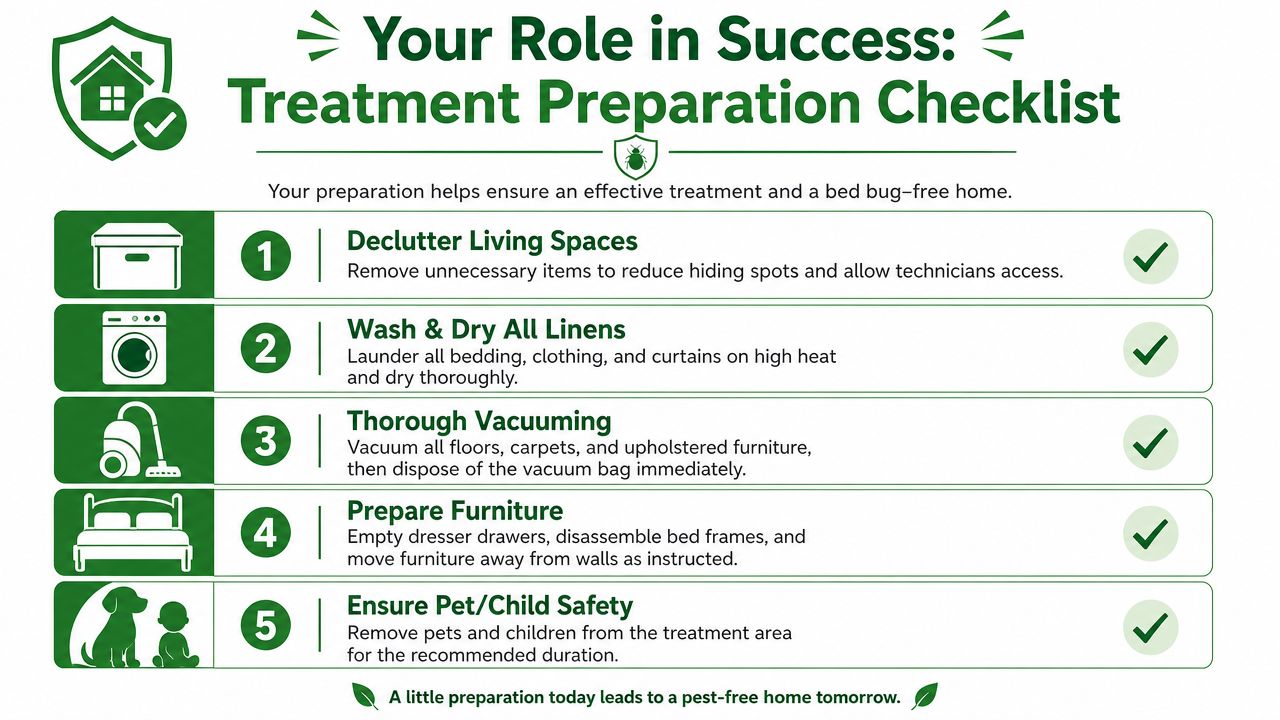A checklist infographic titled Your Role in Success outlining five essential steps for bed bug treatment preparation.