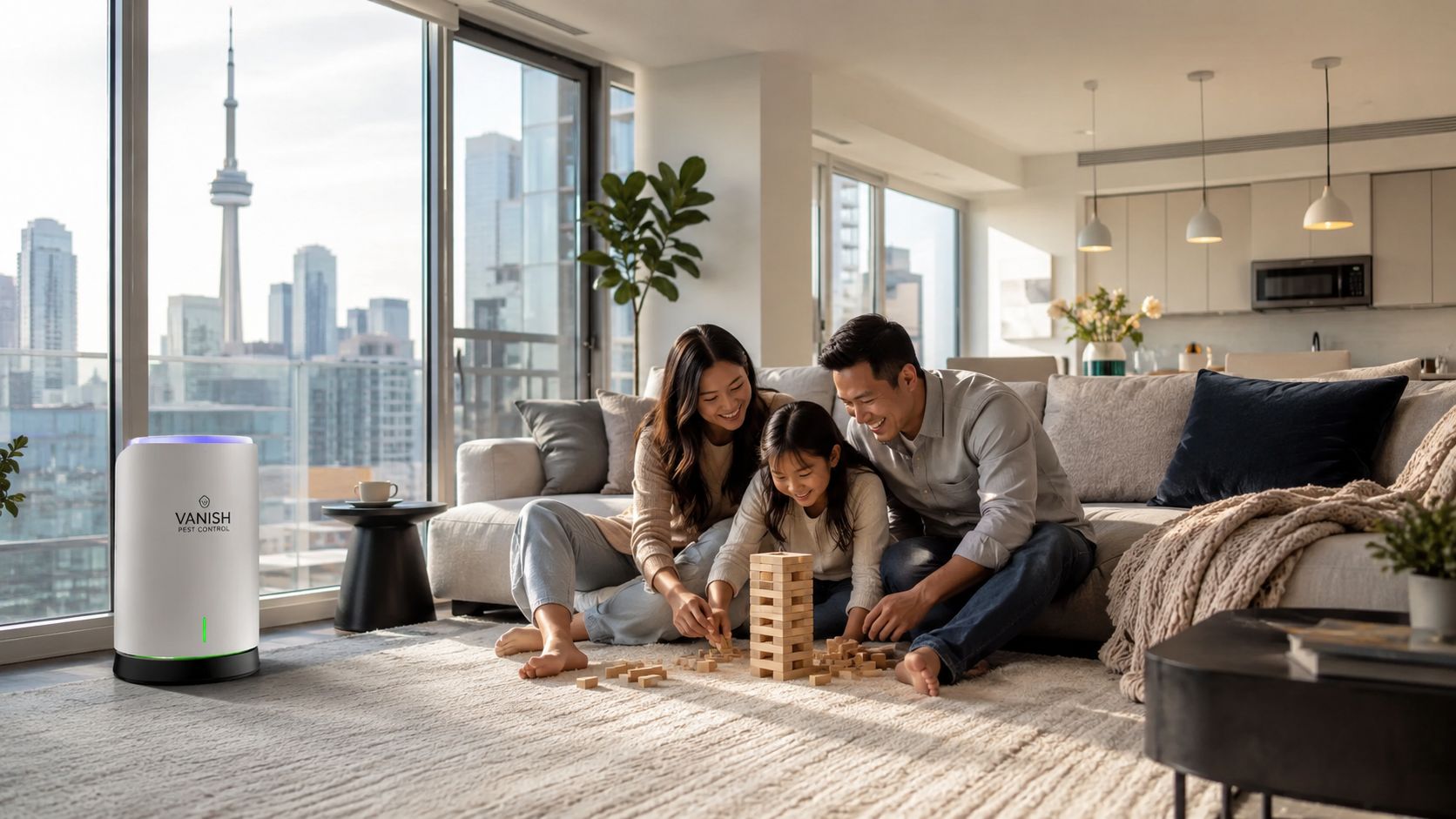 A happy family plays a block stacking game in a Toronto apartment with a pest control device.