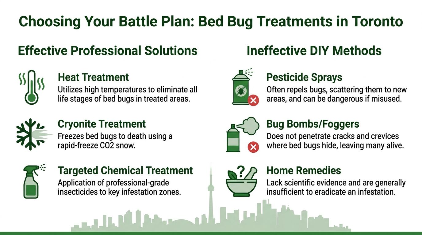 A comparison infographic showing effective professional bed bug treatments versus ineffective DIY methods in Toronto.